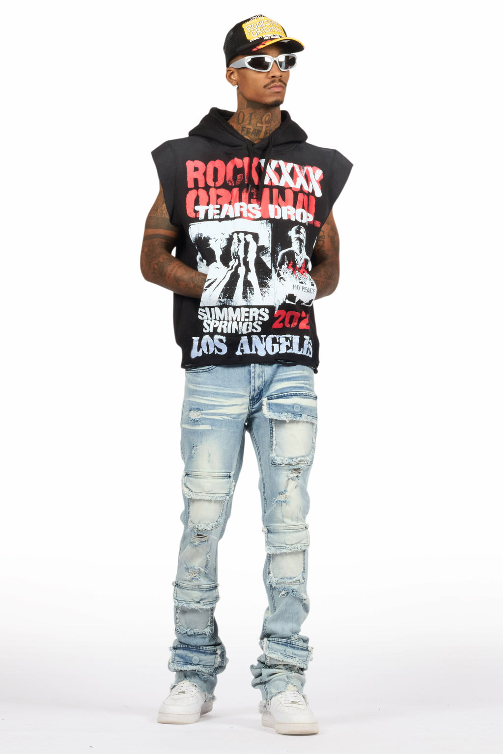 Paton Black/Red Distressed Graphic Cut Sleeve Hoodie