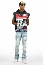 Paton Black/Red Distressed Graphic Cut Sleeve Hoodie