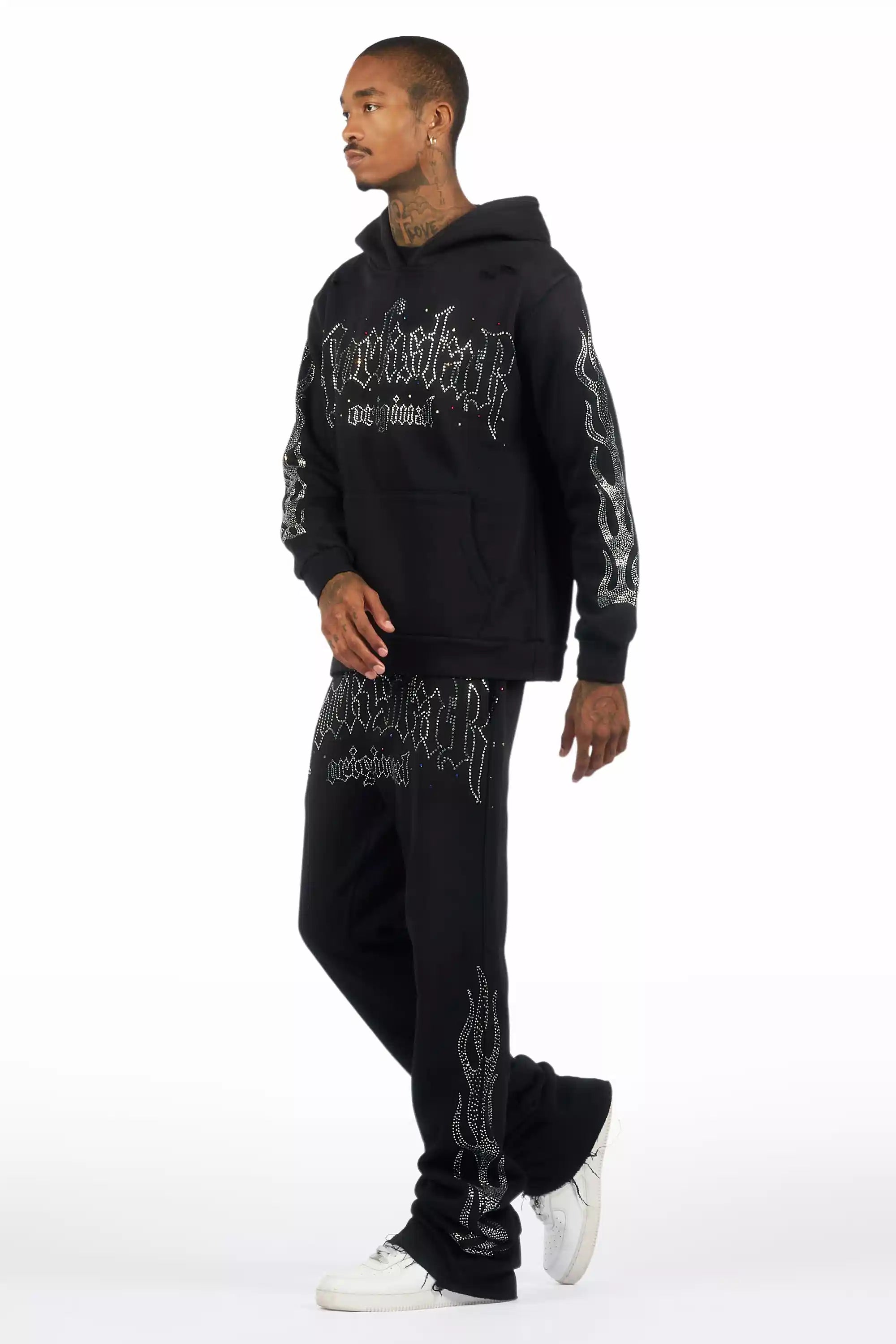 Mares Black Rhinestone Hoodie Relaxed Track Set