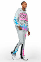 Beno Heather Grey Stacked Flare Hoodie Track Set