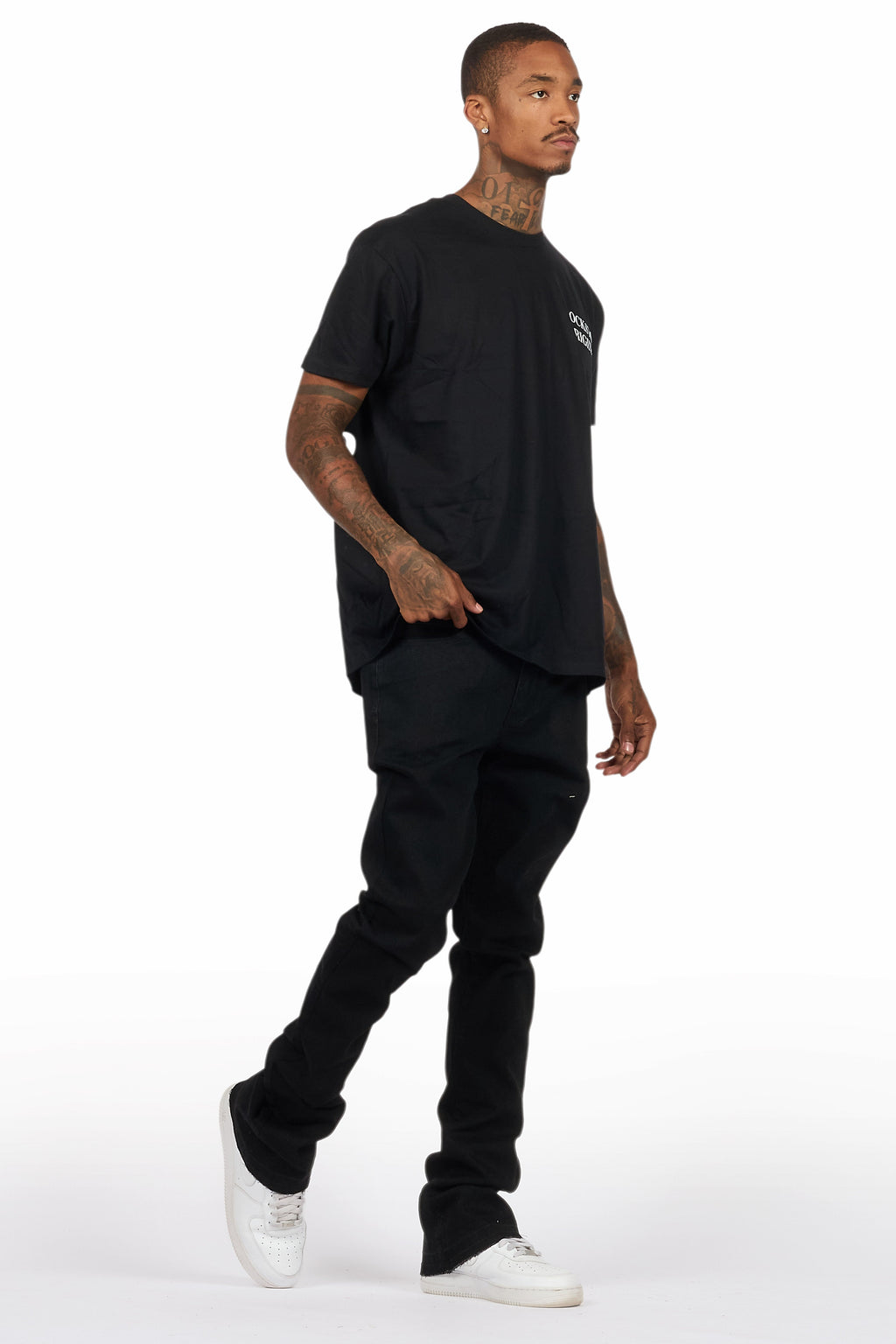 Drako Black/White Oversized Graphic T-Shirt/Dag Stacked Flare Jean Set