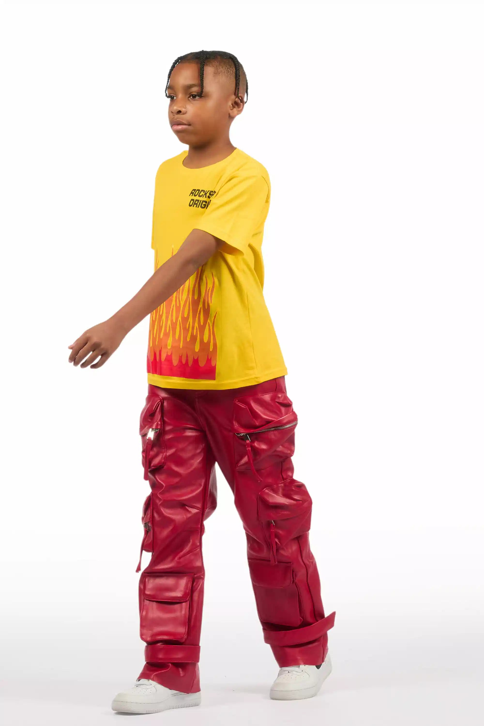 Boys Lenz Red PU Cargo Leather Baggy Fit Jean