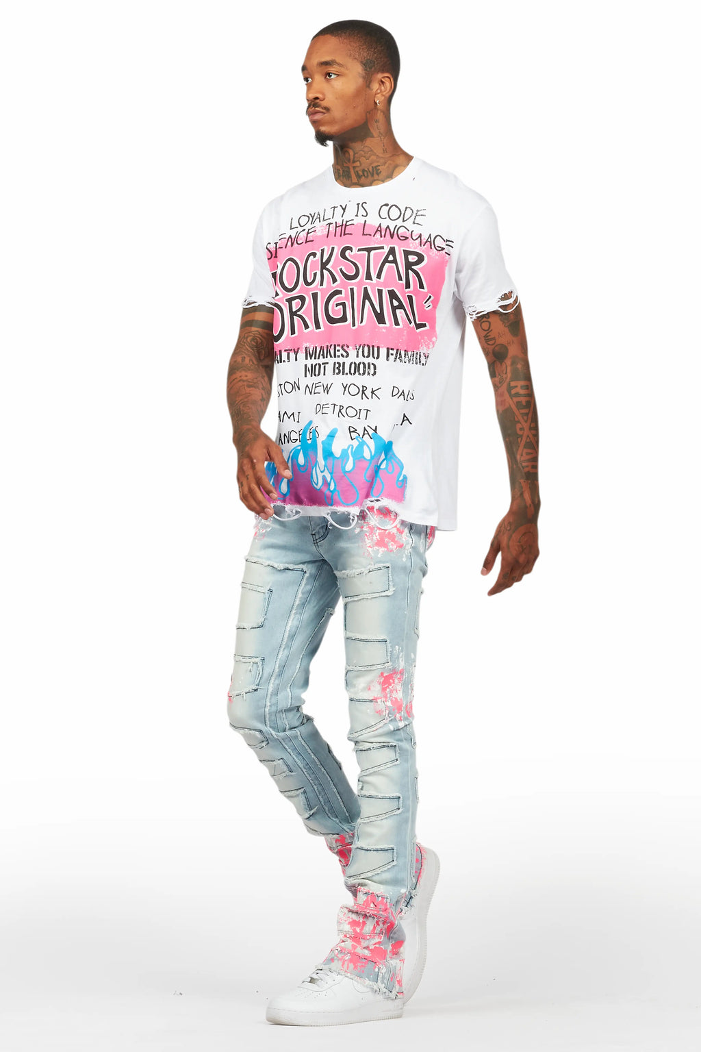 Kodak Blue/Pink Painter Stacked Flare Fringe Jean