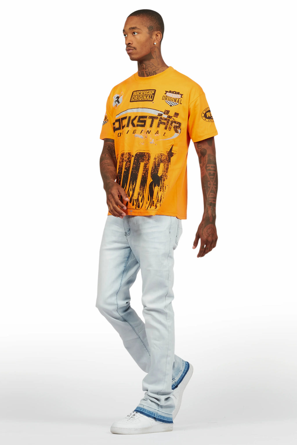 Amos Orange T-Shirt/Dag Blue Stacked Flare Jean Set