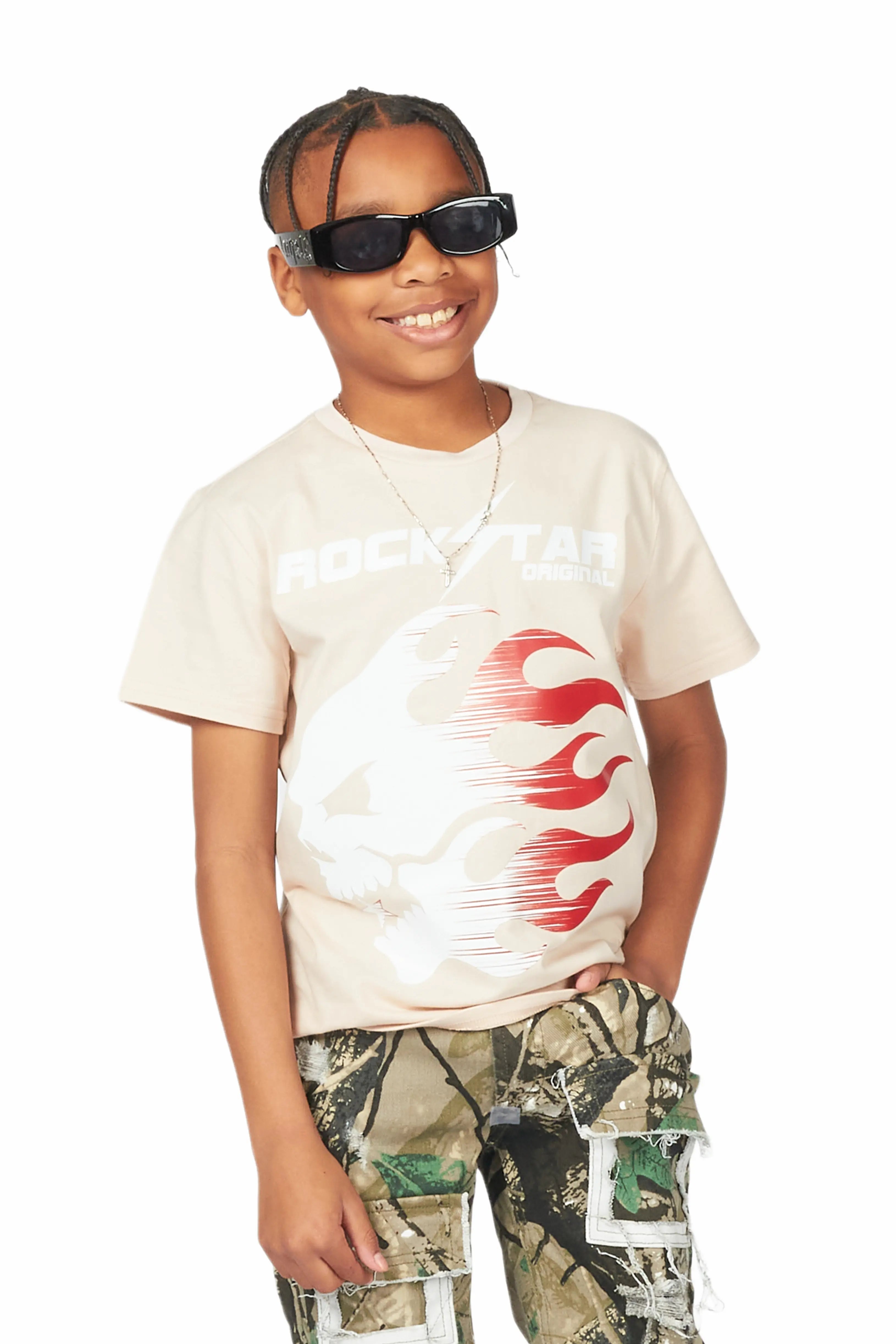 Boys Dane Beige T-Shirt/Super Stacked Flare Jean Set