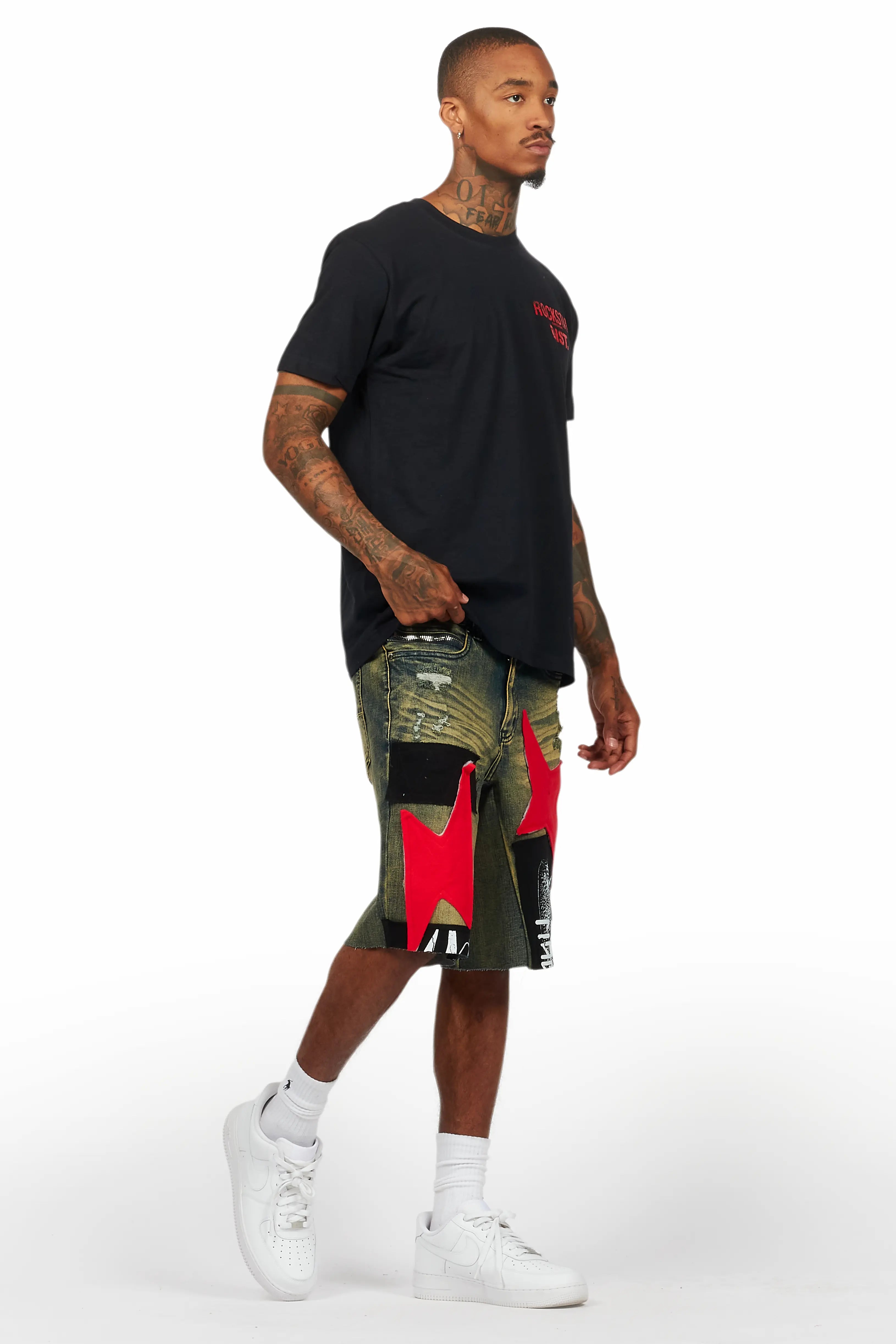 Akos Black/Red Tint T-Shirt/Denim Short Set