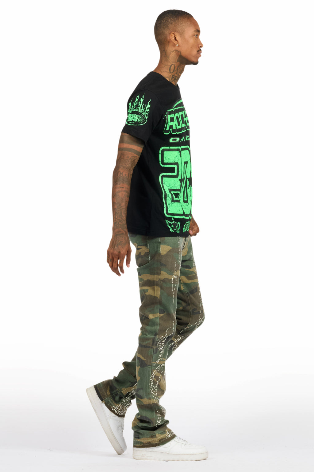 Tachi Camo Rhinestone Stacked Flare Jean