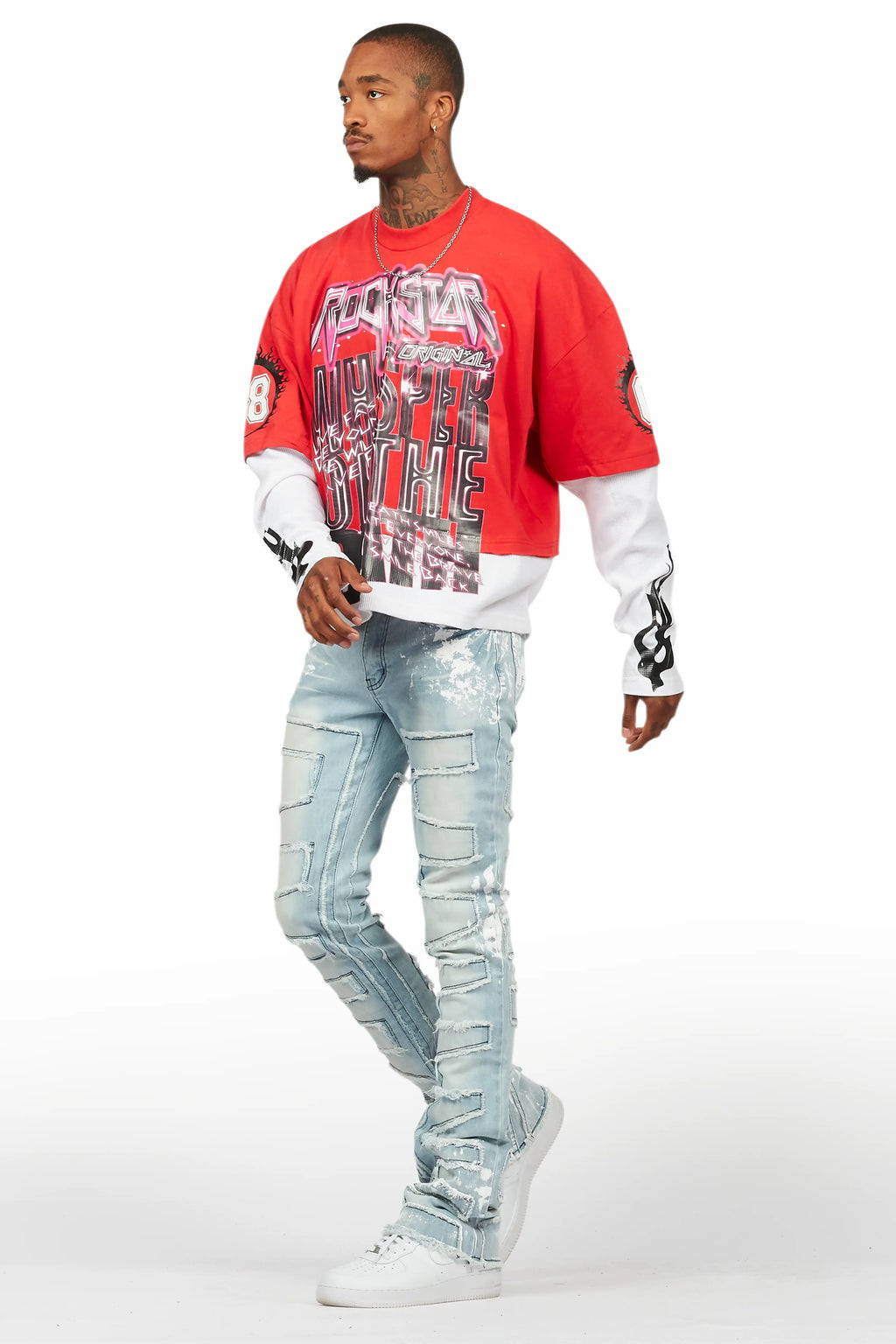 Kodak Blue/White Painter Stacked Flare Fringe Jean