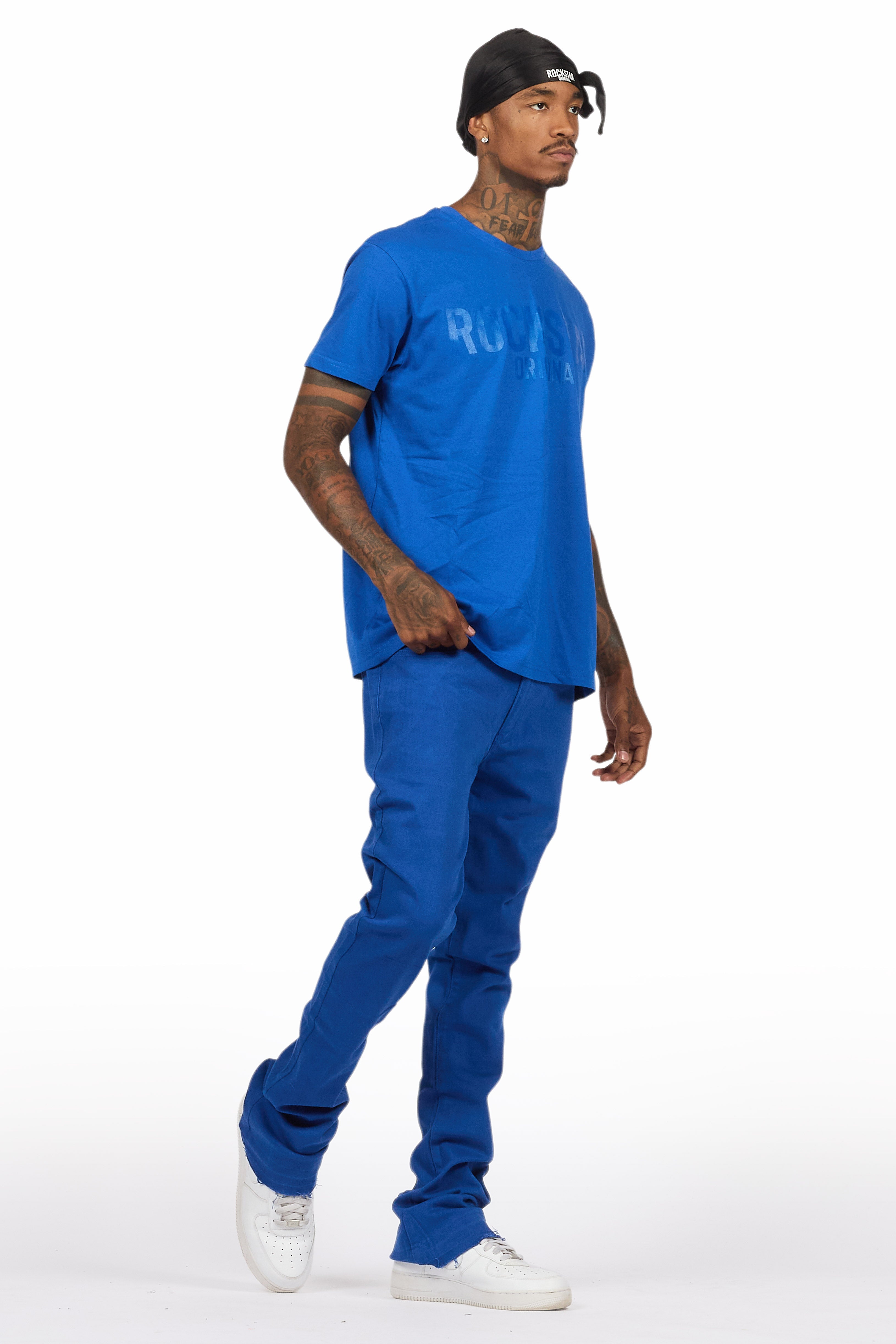 Sana Royal Blue T-Shirt/Dag Stacked Flare Jean Set