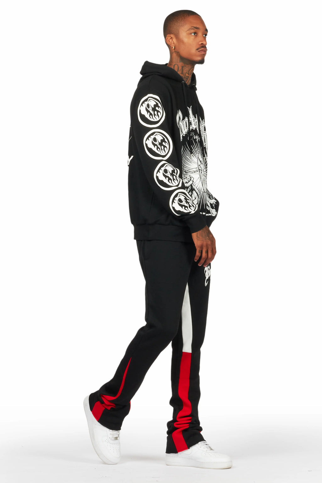 Yarden Black/Red Graphic Hoodie/Stacked Flare Pant Track Set