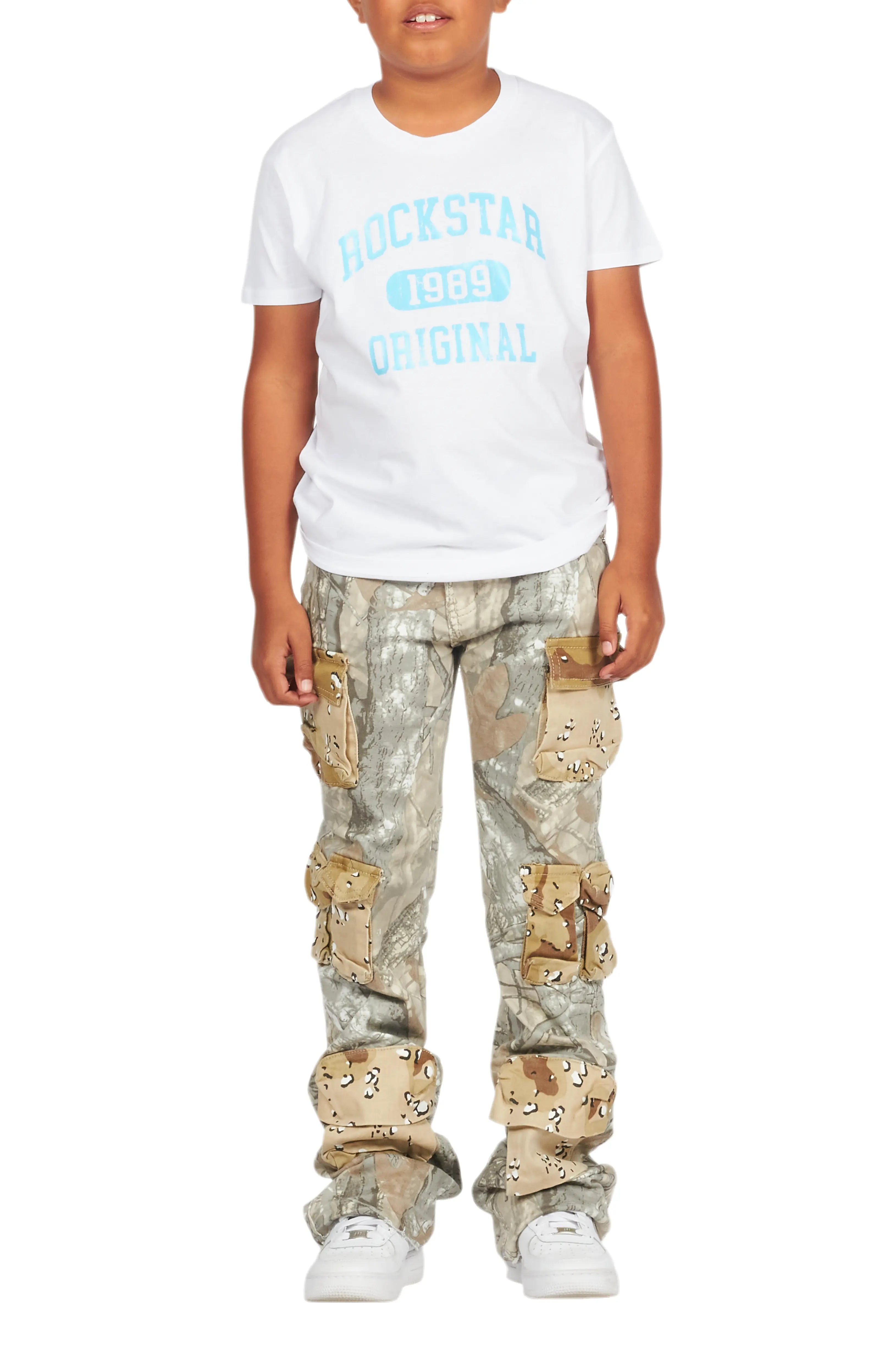 Boys Yves Tree Camo Stacked Flare Cargo Jean