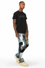 Soren Blue/Camo Stacked Patchwork Flare Jean