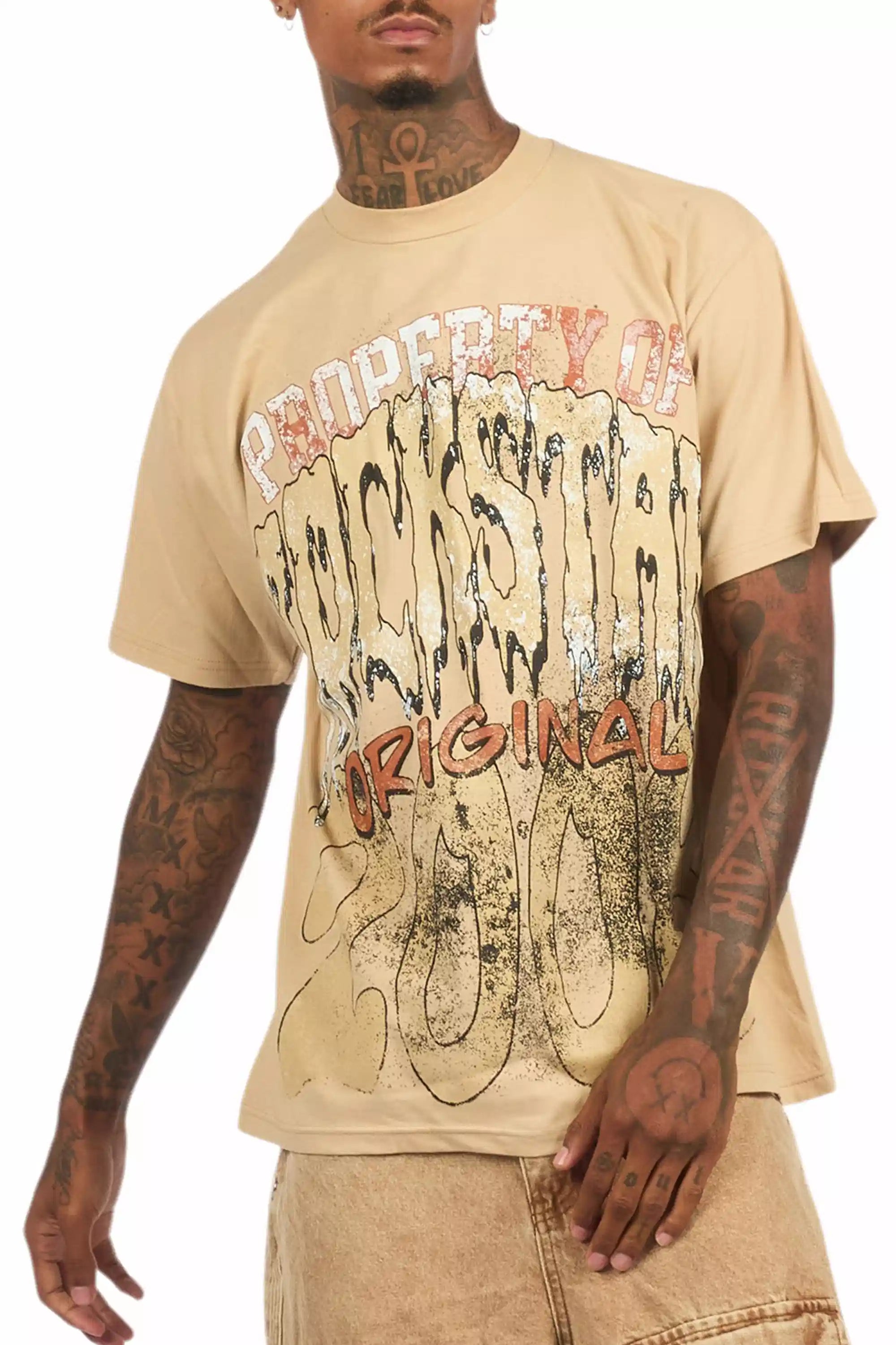 Raezion Beige/Brown Oversized Graphic T-Shirt