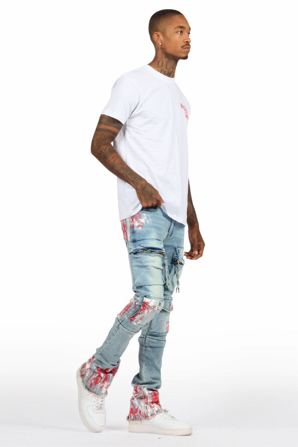 Sley White/Red T-Shirt/Stacked Flare Jean Set