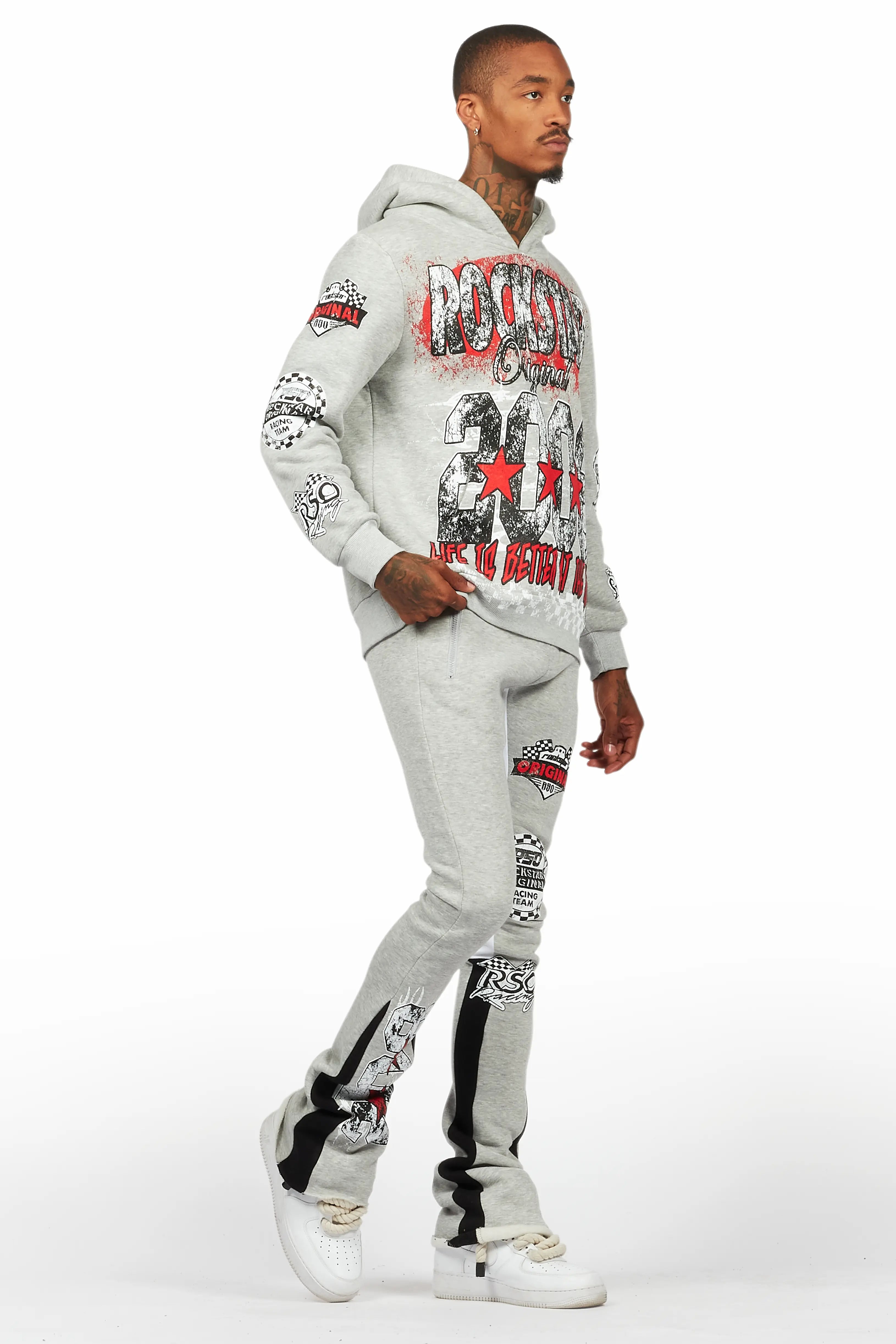 Racing Grung Heather Grey Hoodie/Stacked Flare Track Pant Set