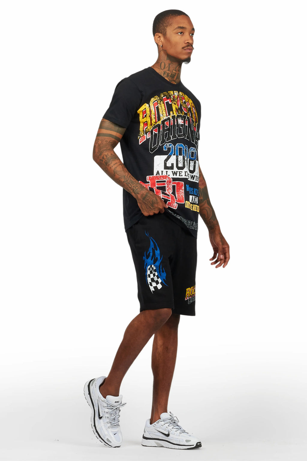 Colorful Race Black T-Shirt Short Set
