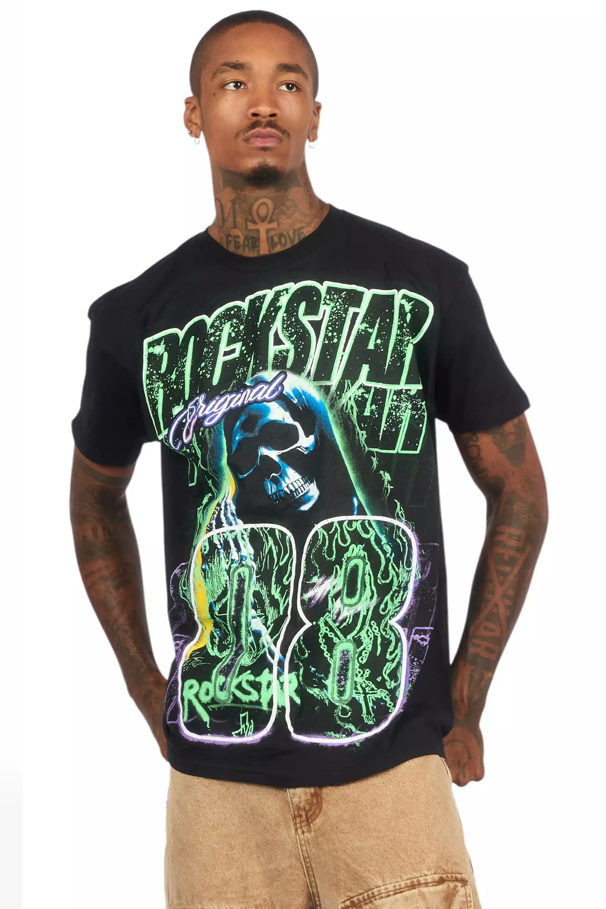 Kruz Black/Green Oversized Graphic T-Shirt