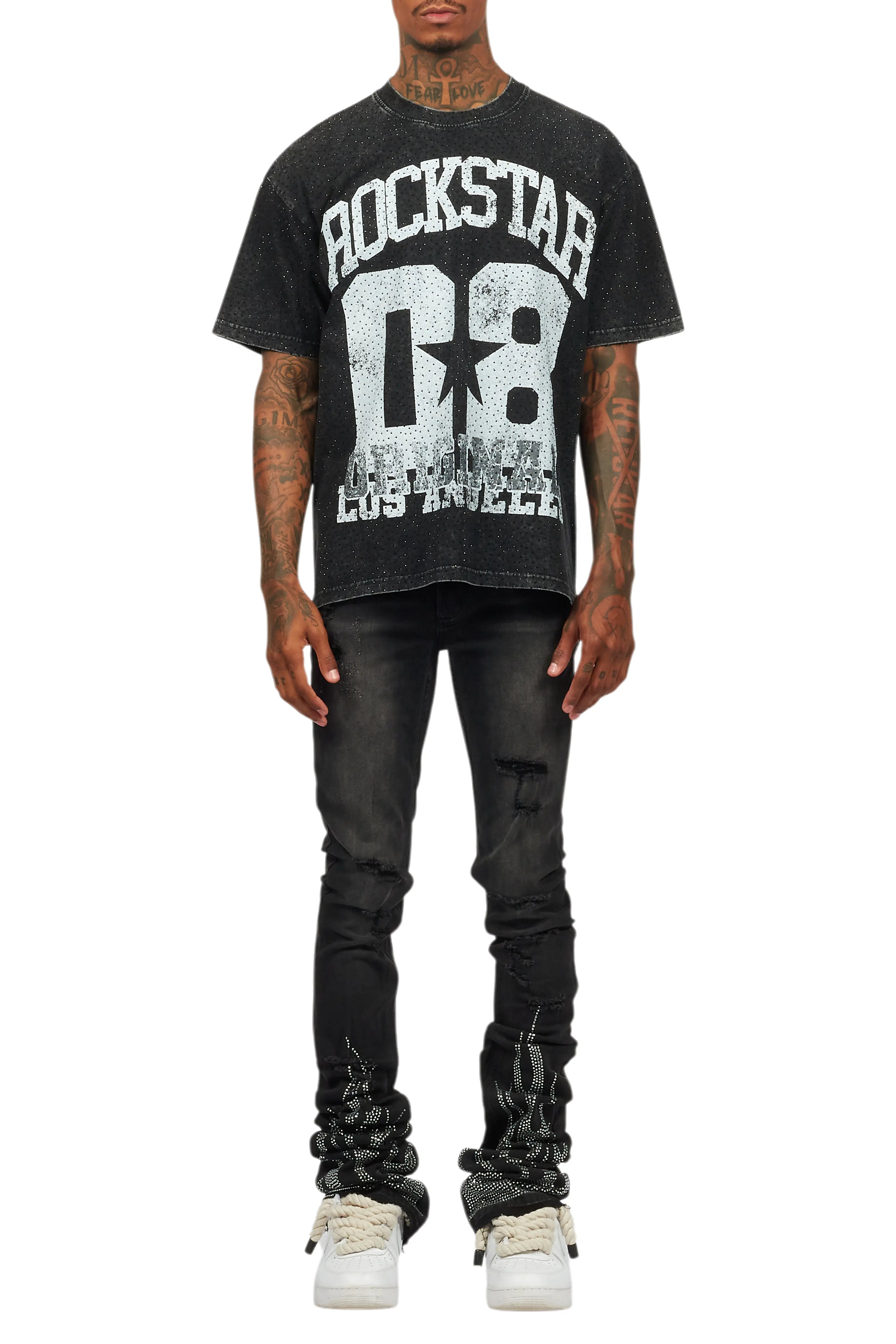 Flamur Black Graphic Rhinestone T-Shirt