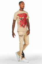 Damani Beige Patchwork Stacked Flare Pants