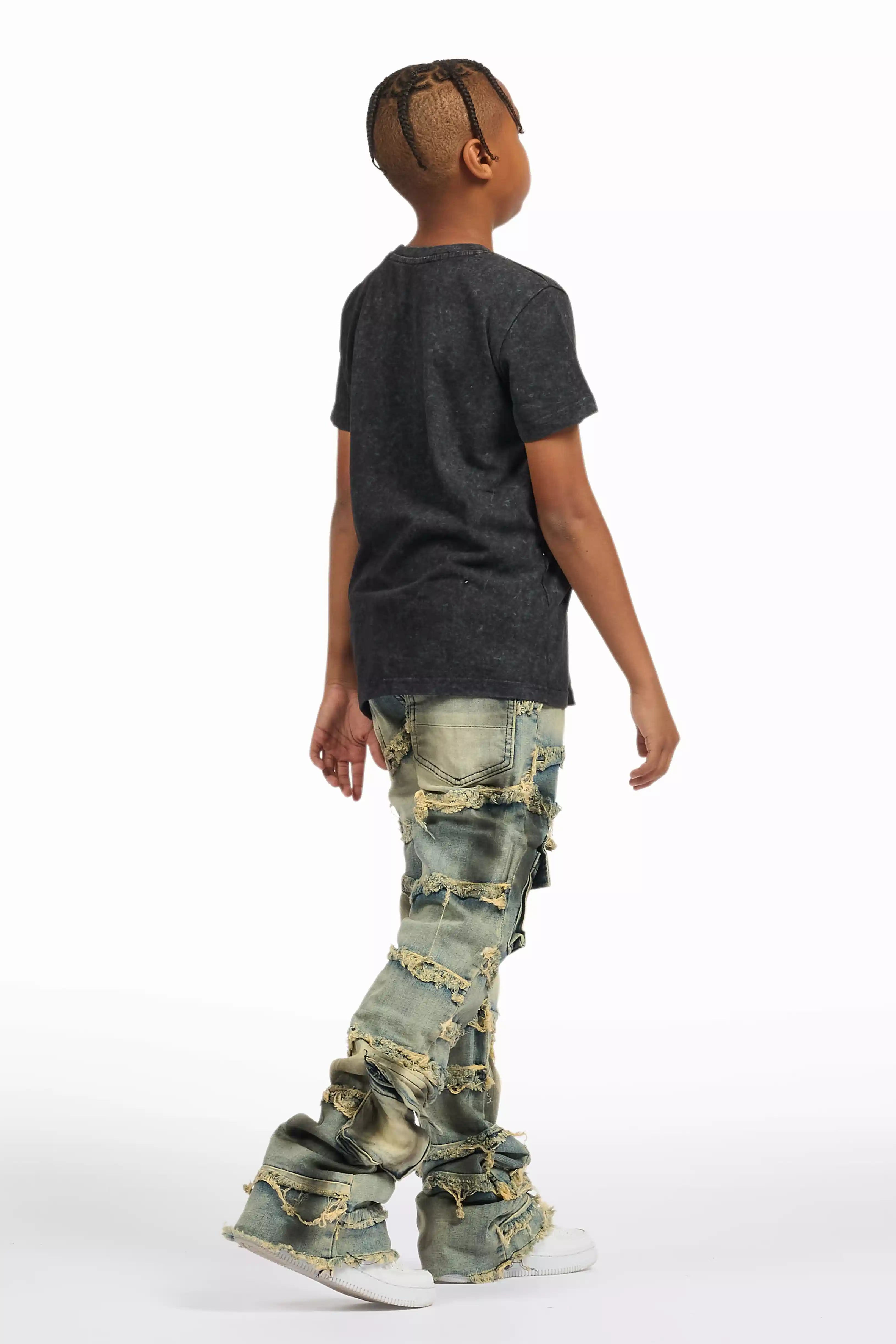 Boys Yves Blue Ripped Stacked Flare Cargo Jeans