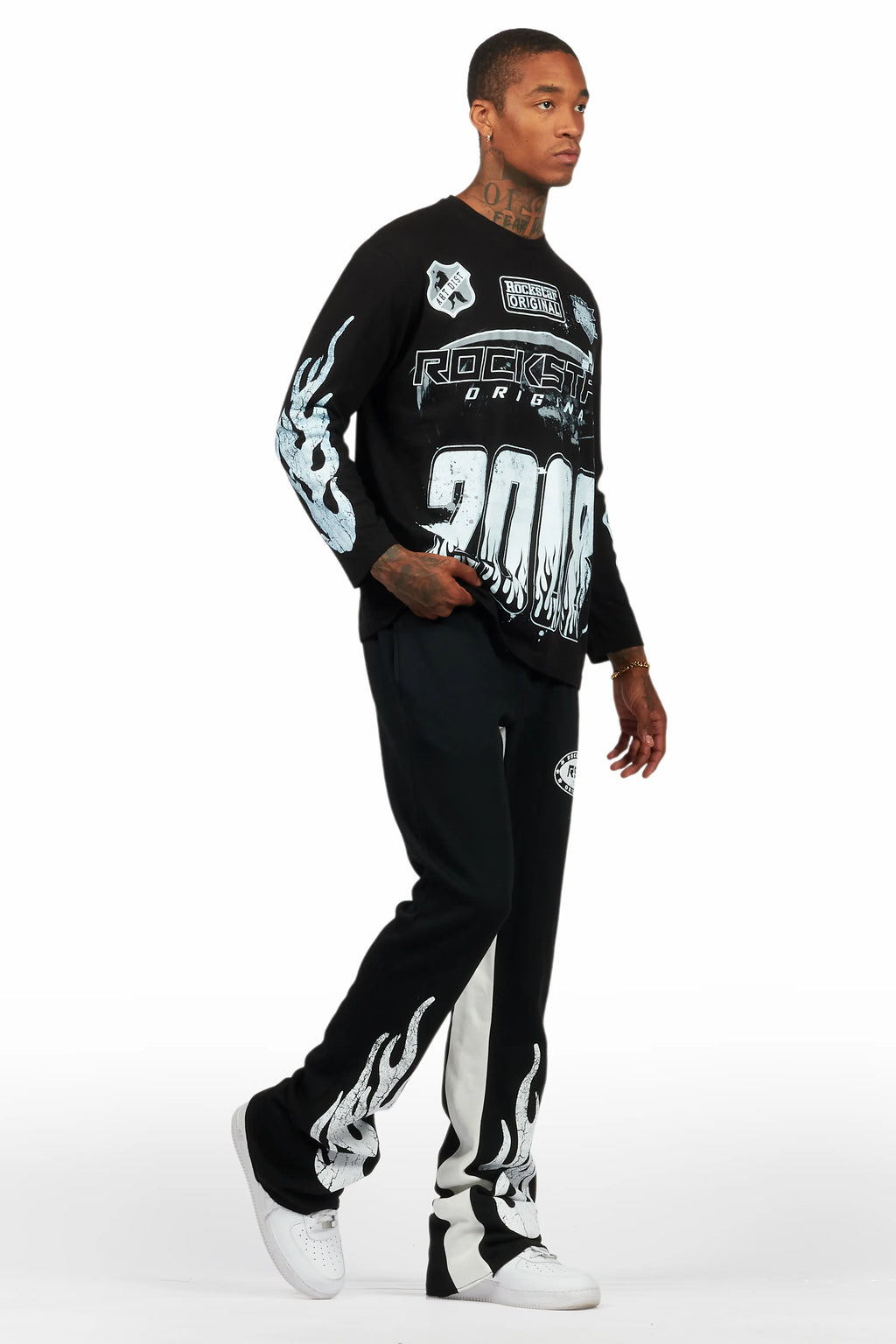 Amos Black/White Long Sleeve T-Shirt/Stacked Baggy Pant Set