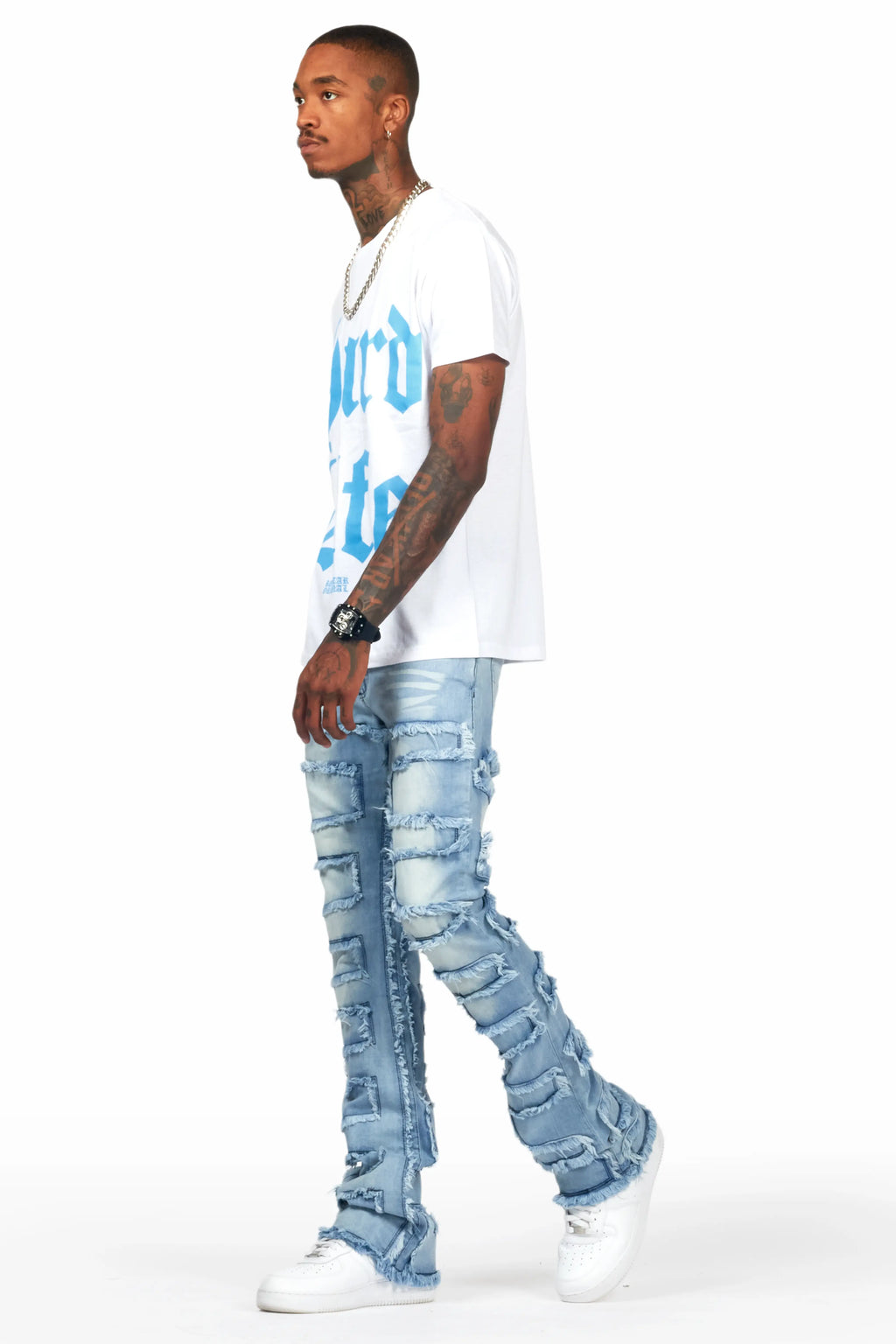 Hard Life White T-Shirt & Arne Blue Stacked Flare Jean Bundle
