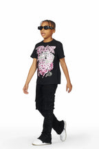 Boys Raine Black T-Shirt/Stacked Flare Cargo Jean