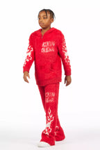 Boys Toshio Red Stacked Flare Knitted Mohair Track Set