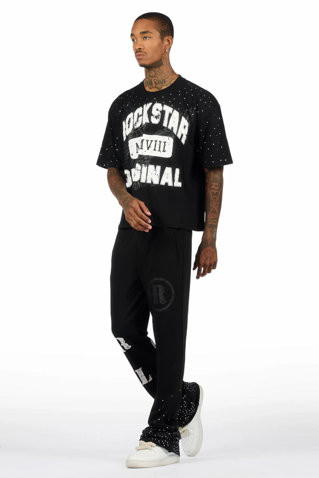 Borya Black Rhinestone T-Shirt/Baggy Stacked Track Set