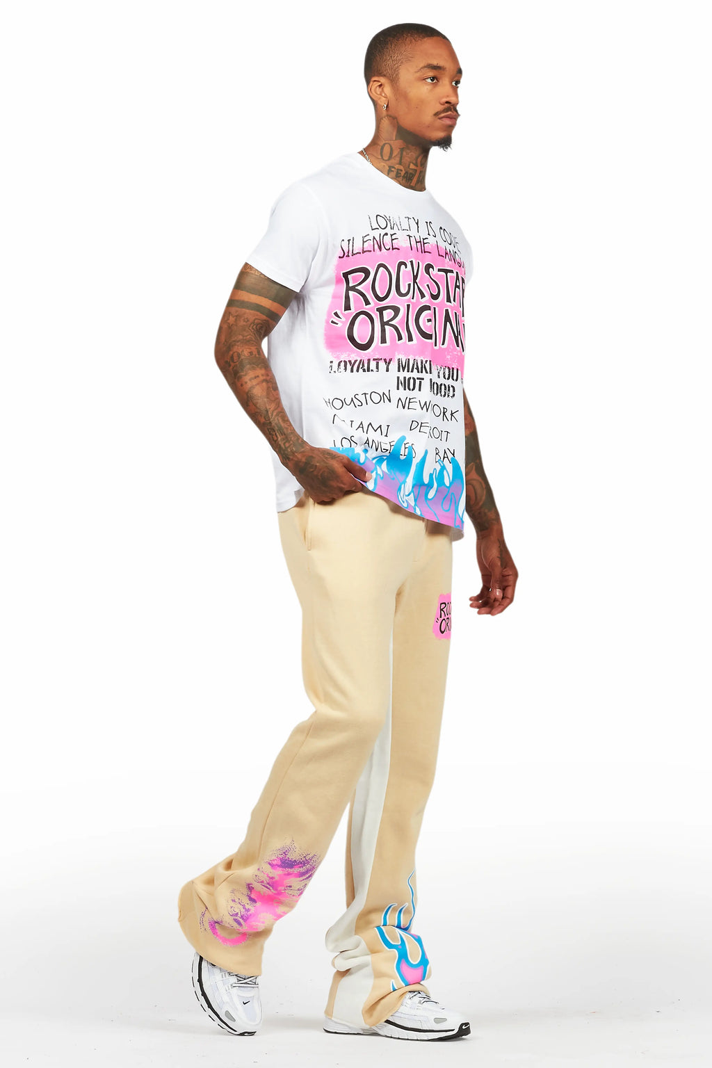 Beno White/Beige T-Shirt/Baggy Stacked Pant Set