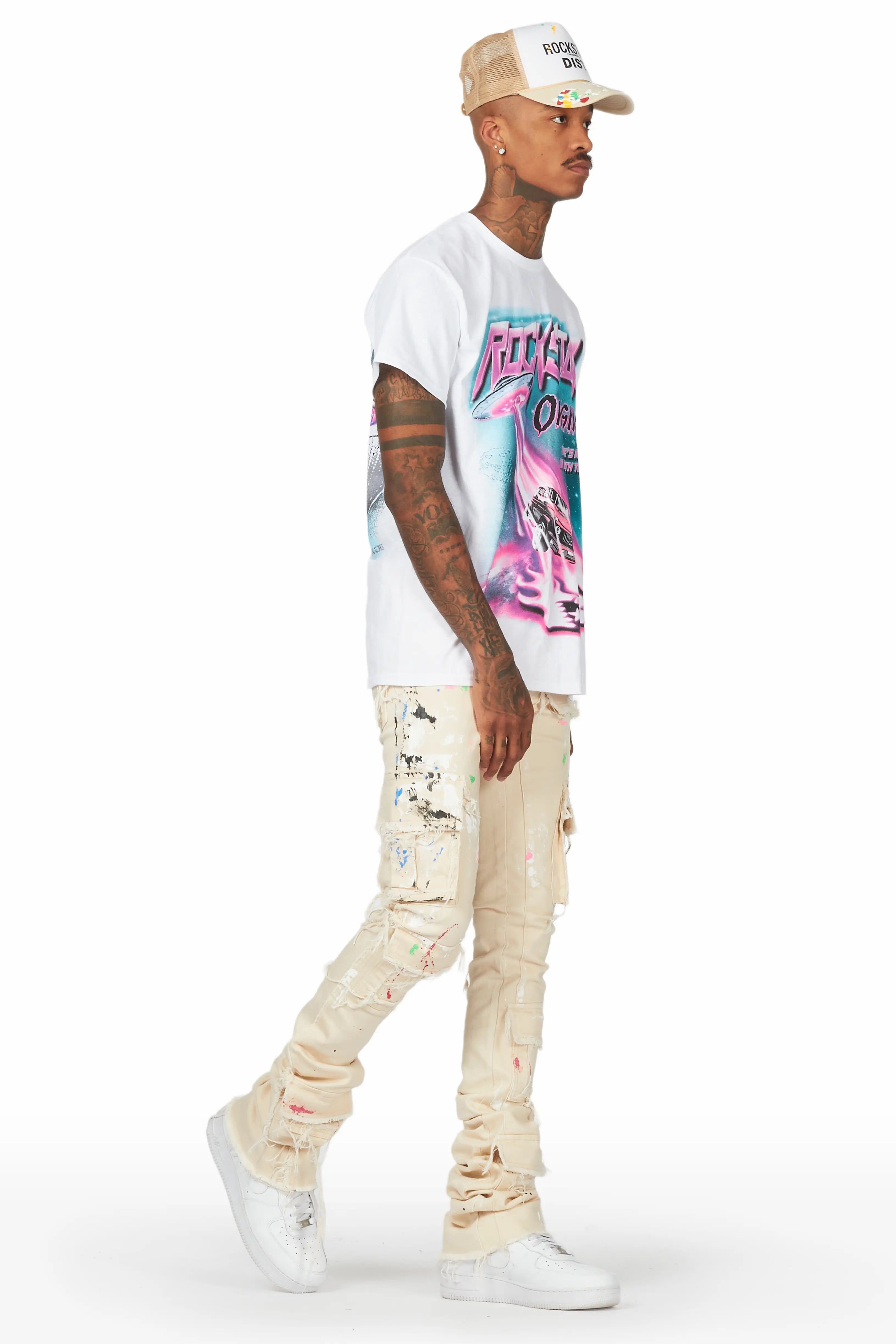 Micael Beige Painter Super Stacked Flare Jean