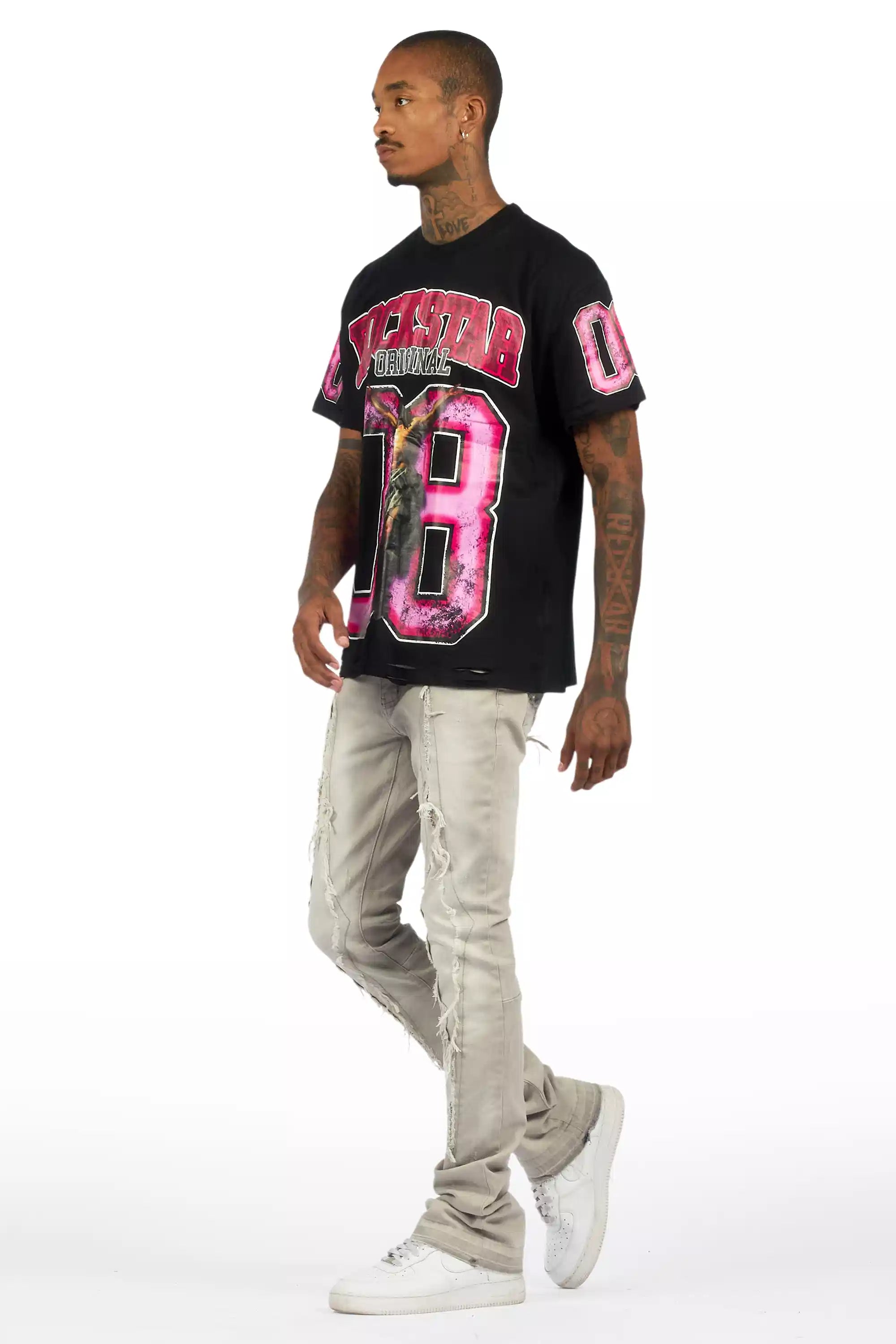 Fields Black Oversized Graphic T-Shirt/Painted Stacked Flare Jean