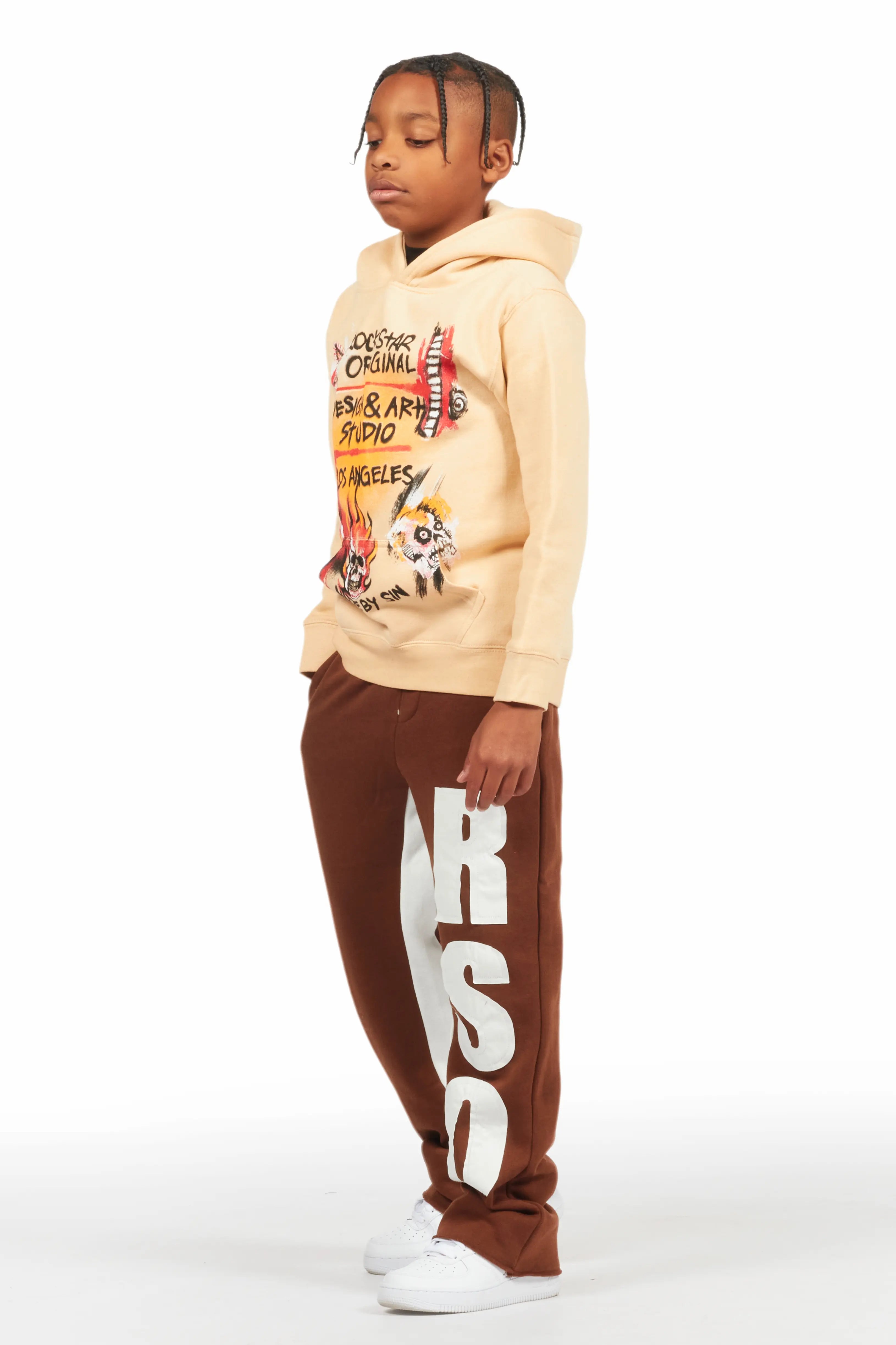 Boys Uko Brown Stacked Baggy Flare Pant