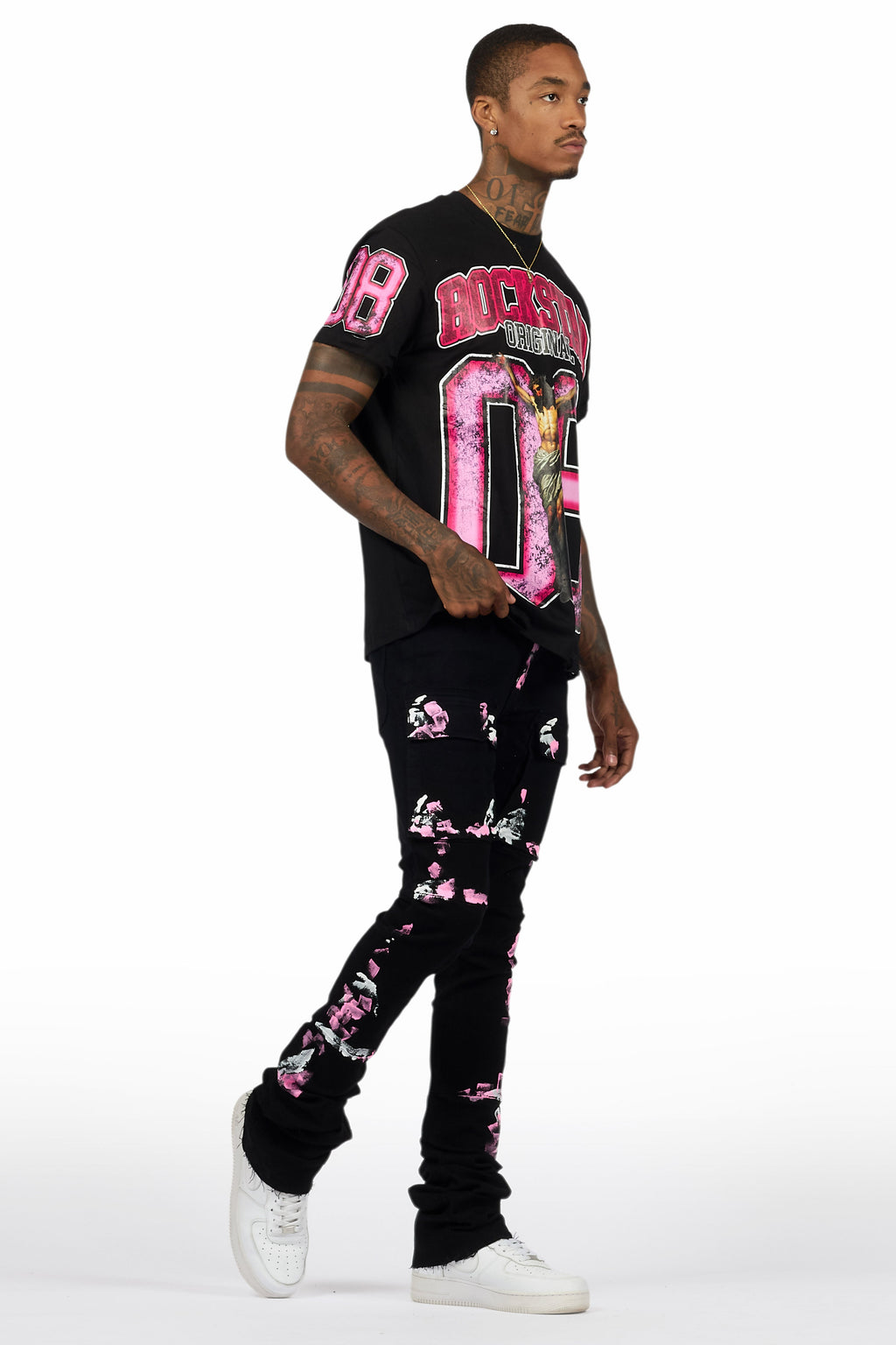 Fields Black T-Shirt/Nello Painted Super Stacked Flare Jean Set