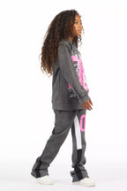 Girls Kammy Vintage Grey/Pink Hoodie Stacked Track Set