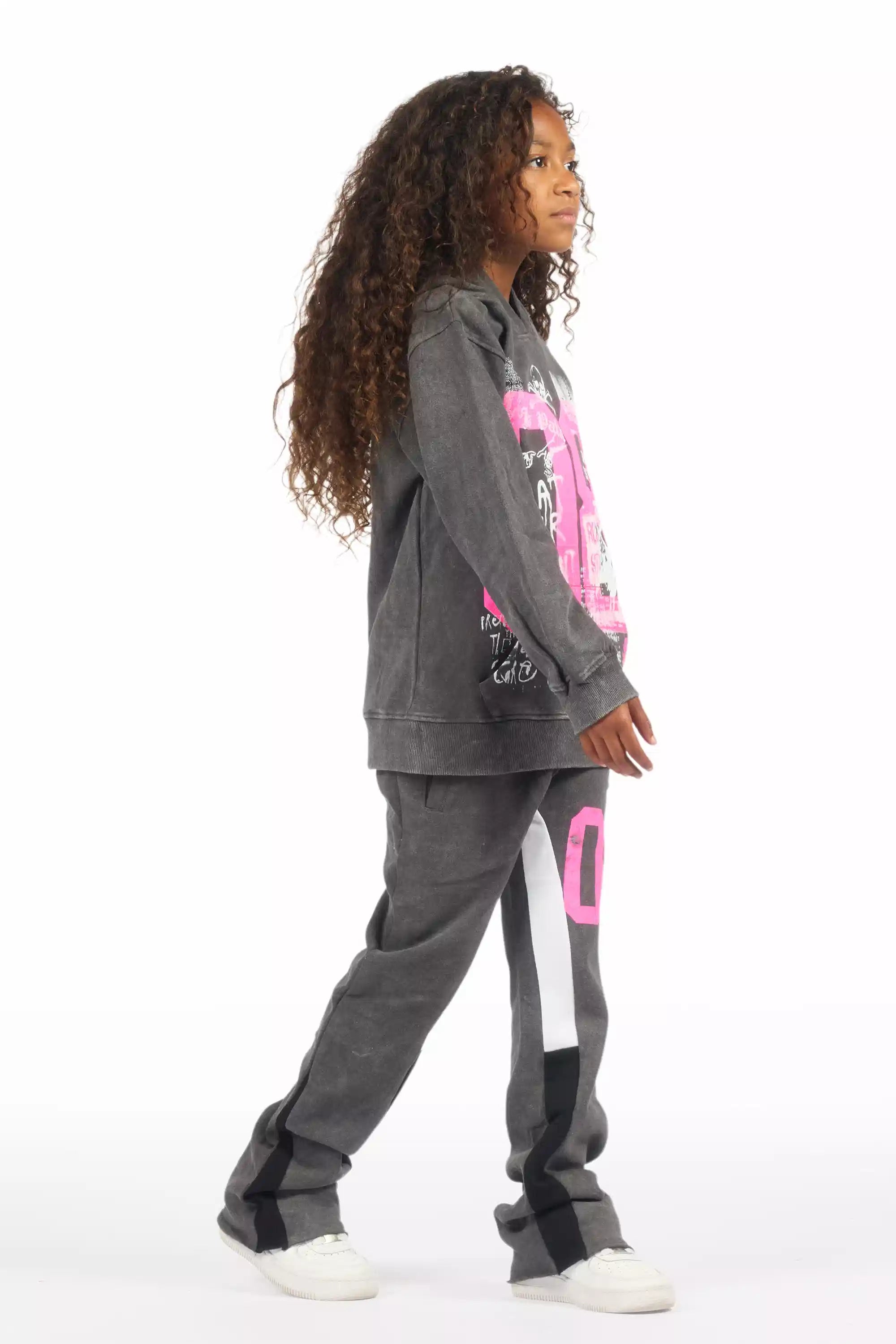 Girls Kammy Vintage Grey/Pink Hoodie Stacked Track Set