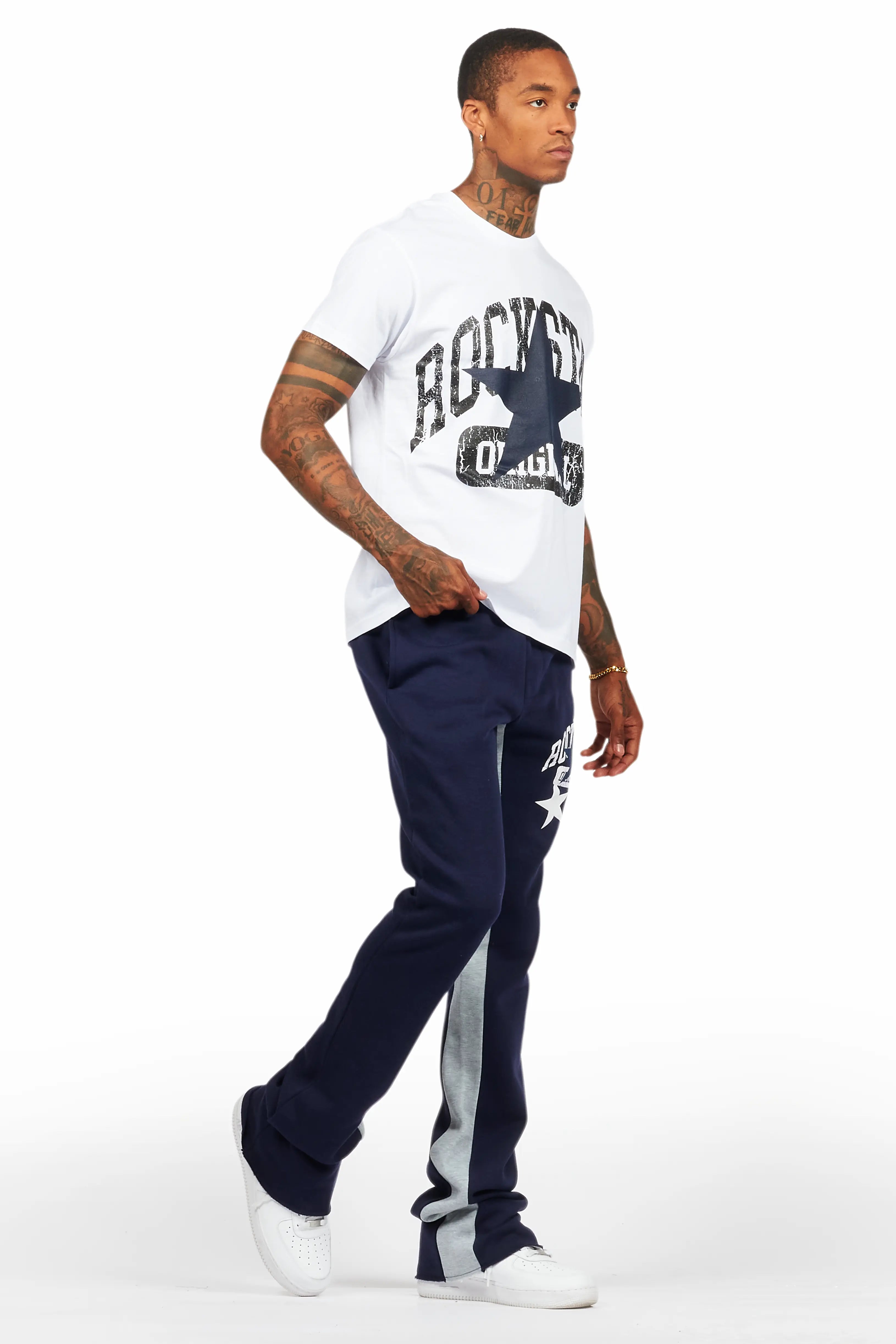 Mallor White/Navy T-Shirt/Stacked Baggy Track Pant Set