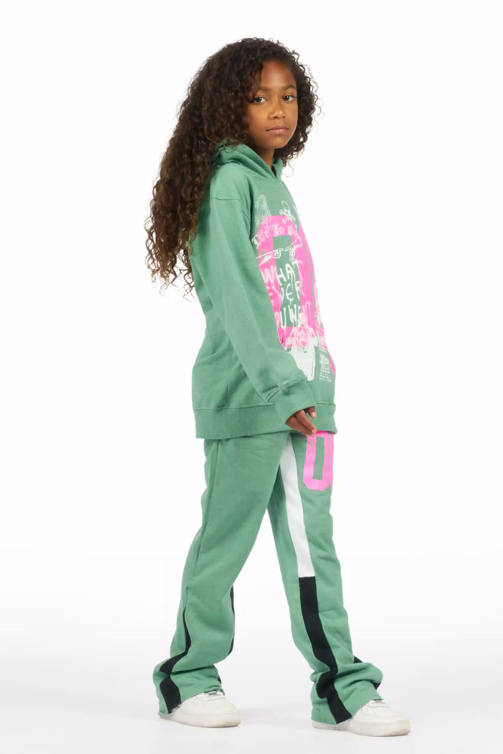 Girls Kammy Sage/Pink Hoodie Stacked Track Set