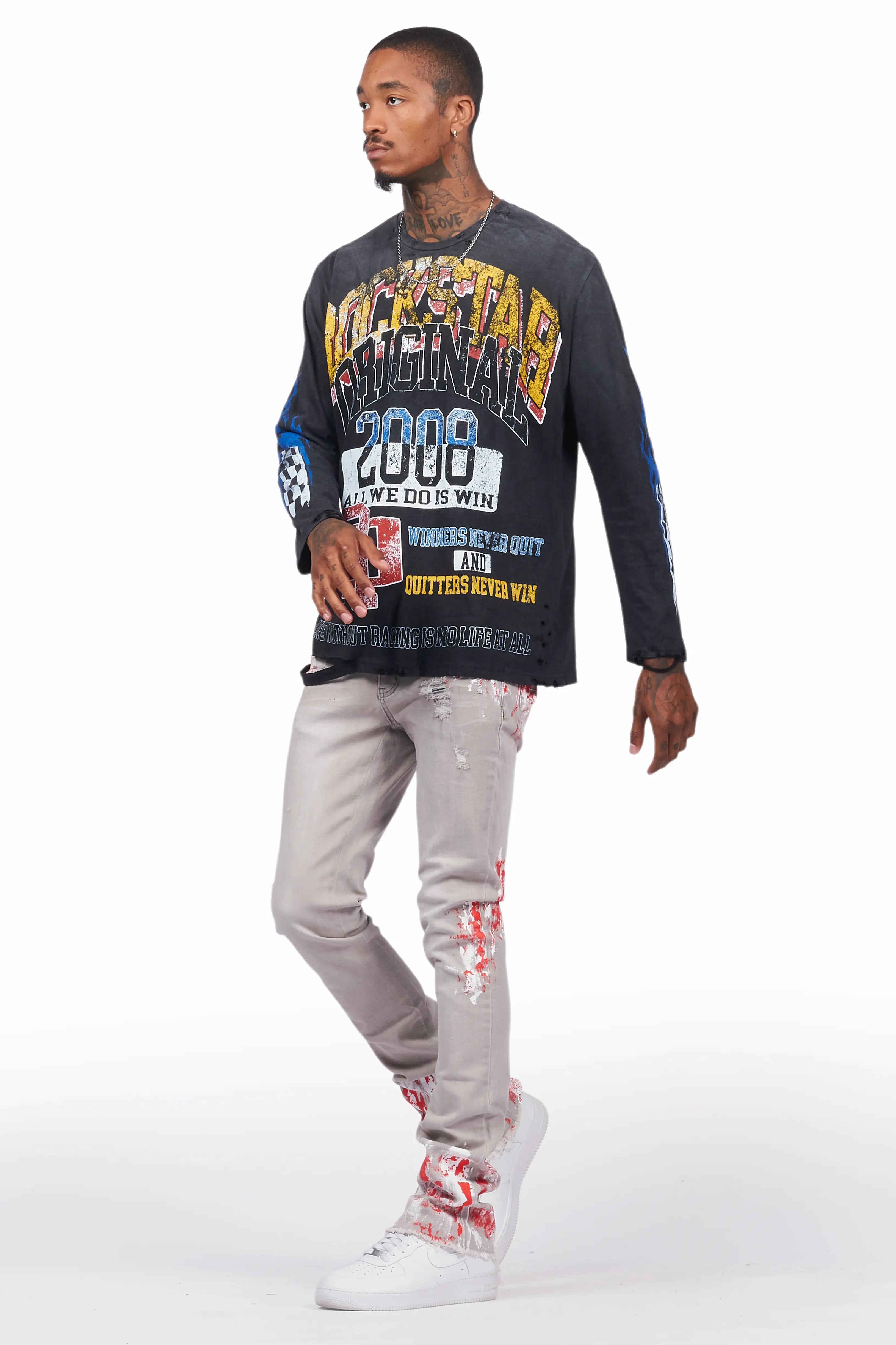 Colorful Race Vintage Black Long Sleeve Graphic T-Shirt