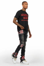 Saxon Dark Grey/Red T-Shirt/Stacked Flare Jean Set