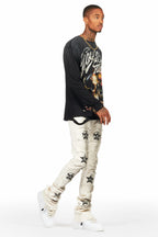 Dancho Beige Patchwork Super Stacked Flare Jean