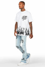 Neige Blue/ Black Graphic Stacked Flare Jean