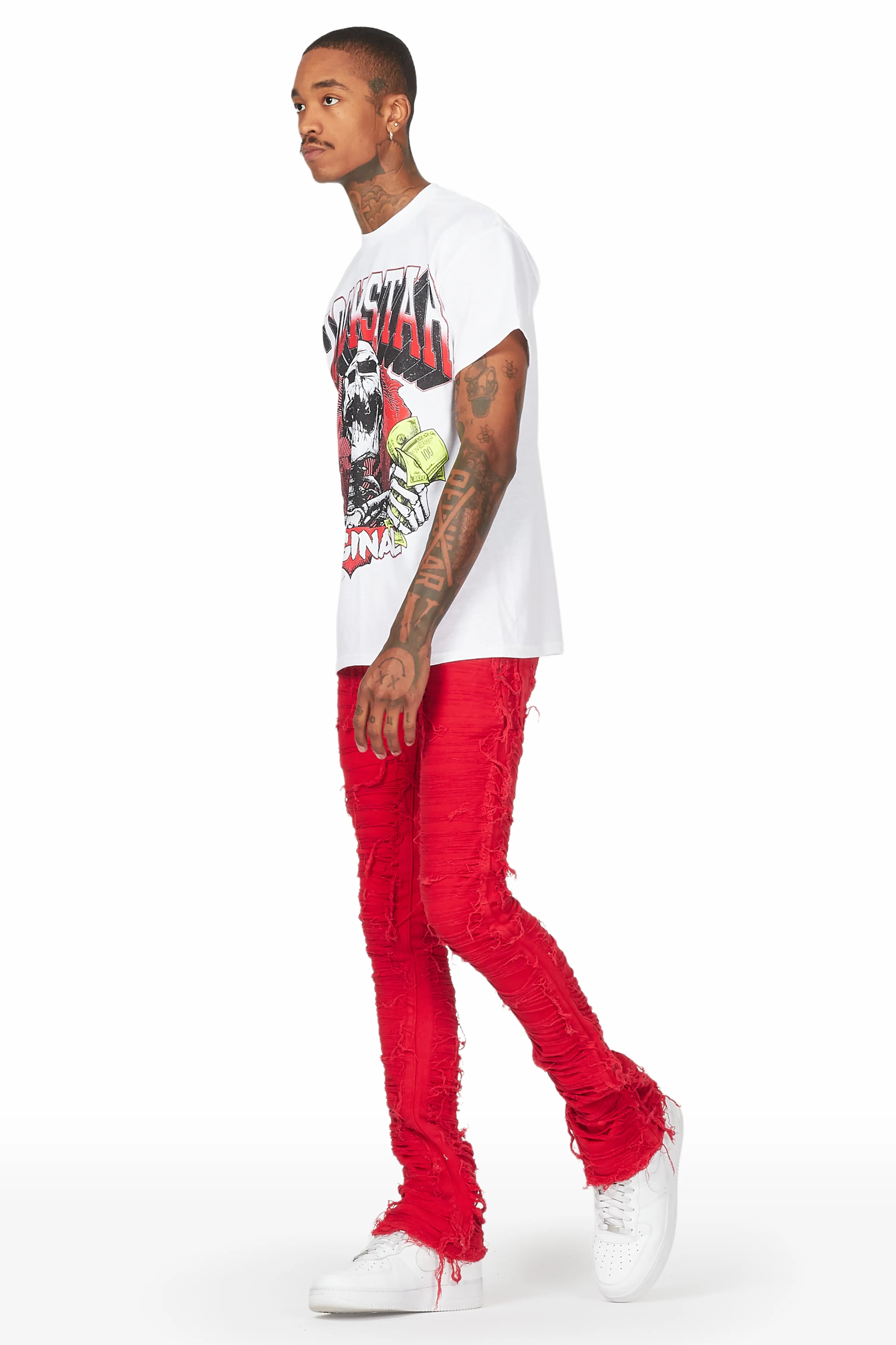 Conrad Red Stacked Flare Jean