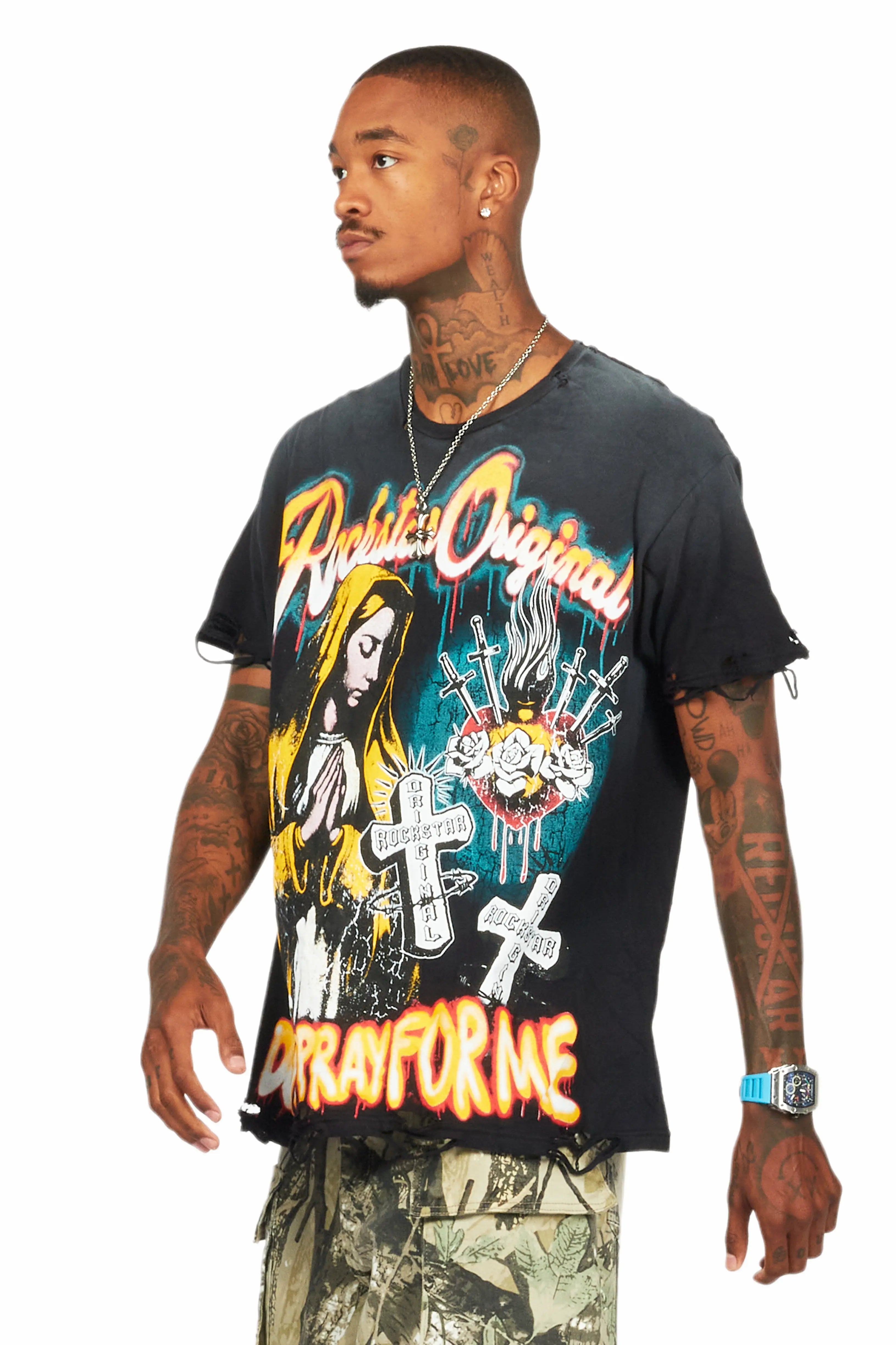 Loman Black Oversized Graphic T-Shirt