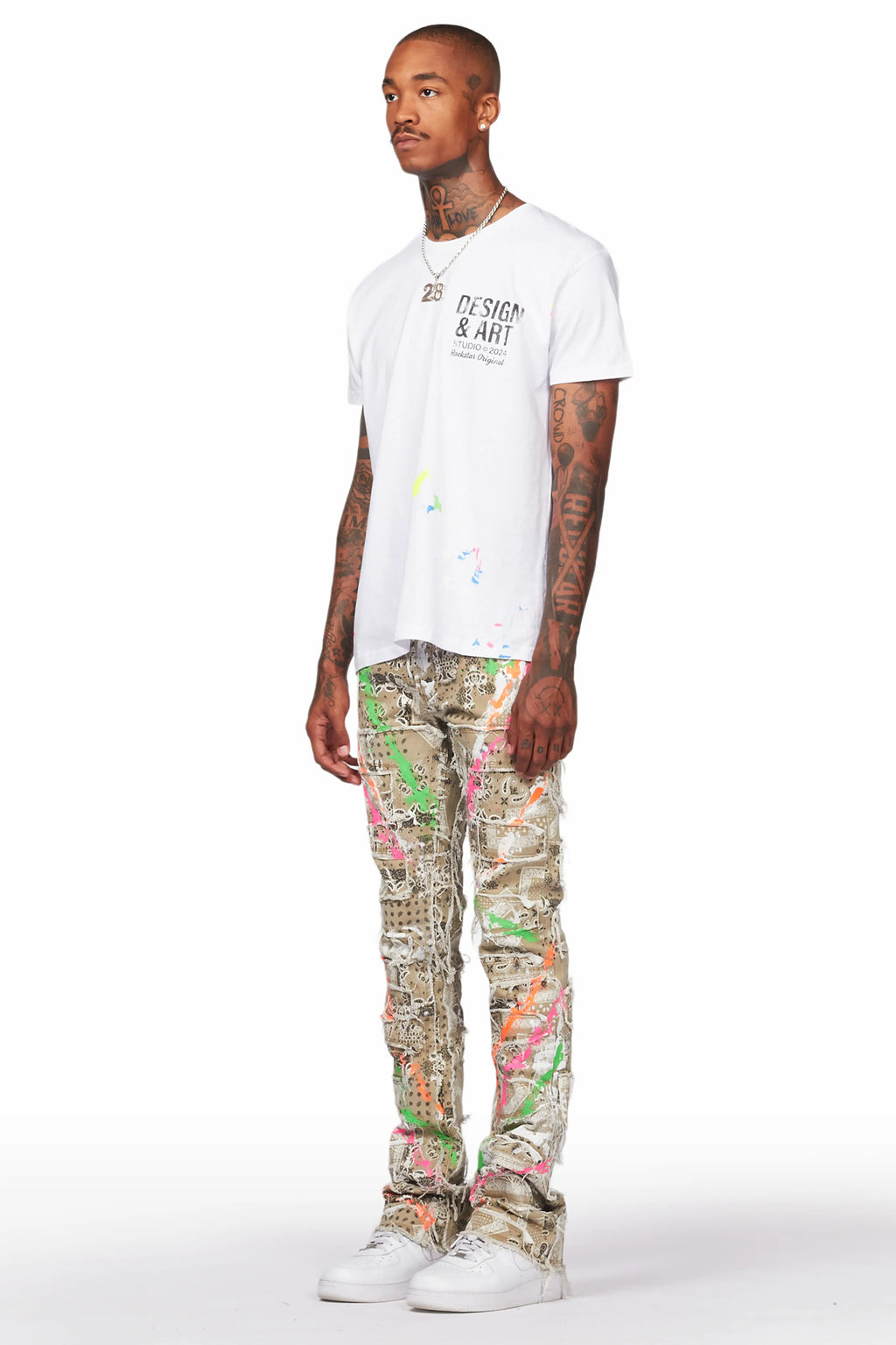 Fahim Beige Painter Stacked Flare Jean