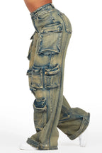 Nakia Tinted Dark Wash Cargo Wide Leg Jean