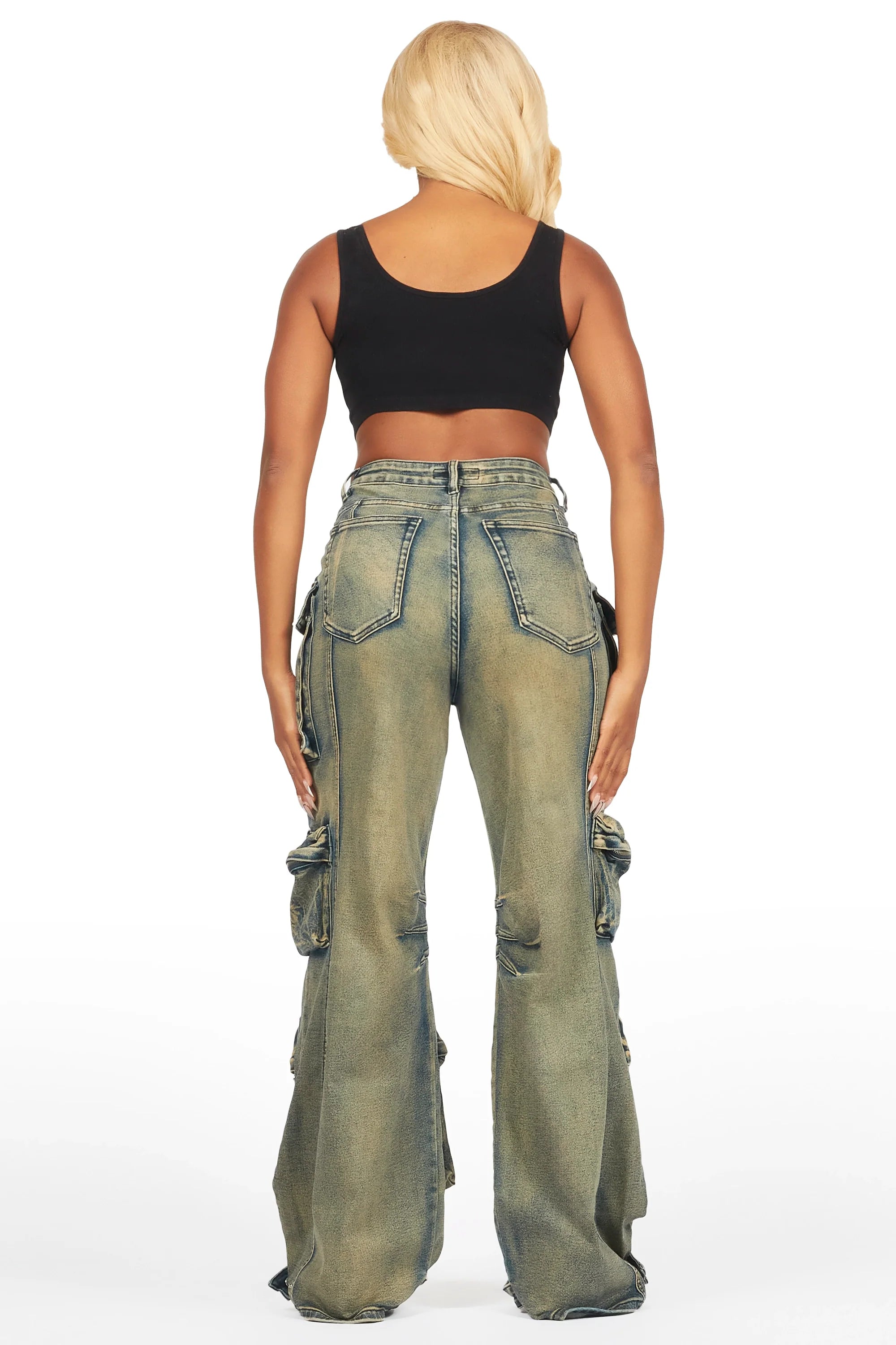 Nakia Tinted Dark Wash Cargo Wide Leg Jean