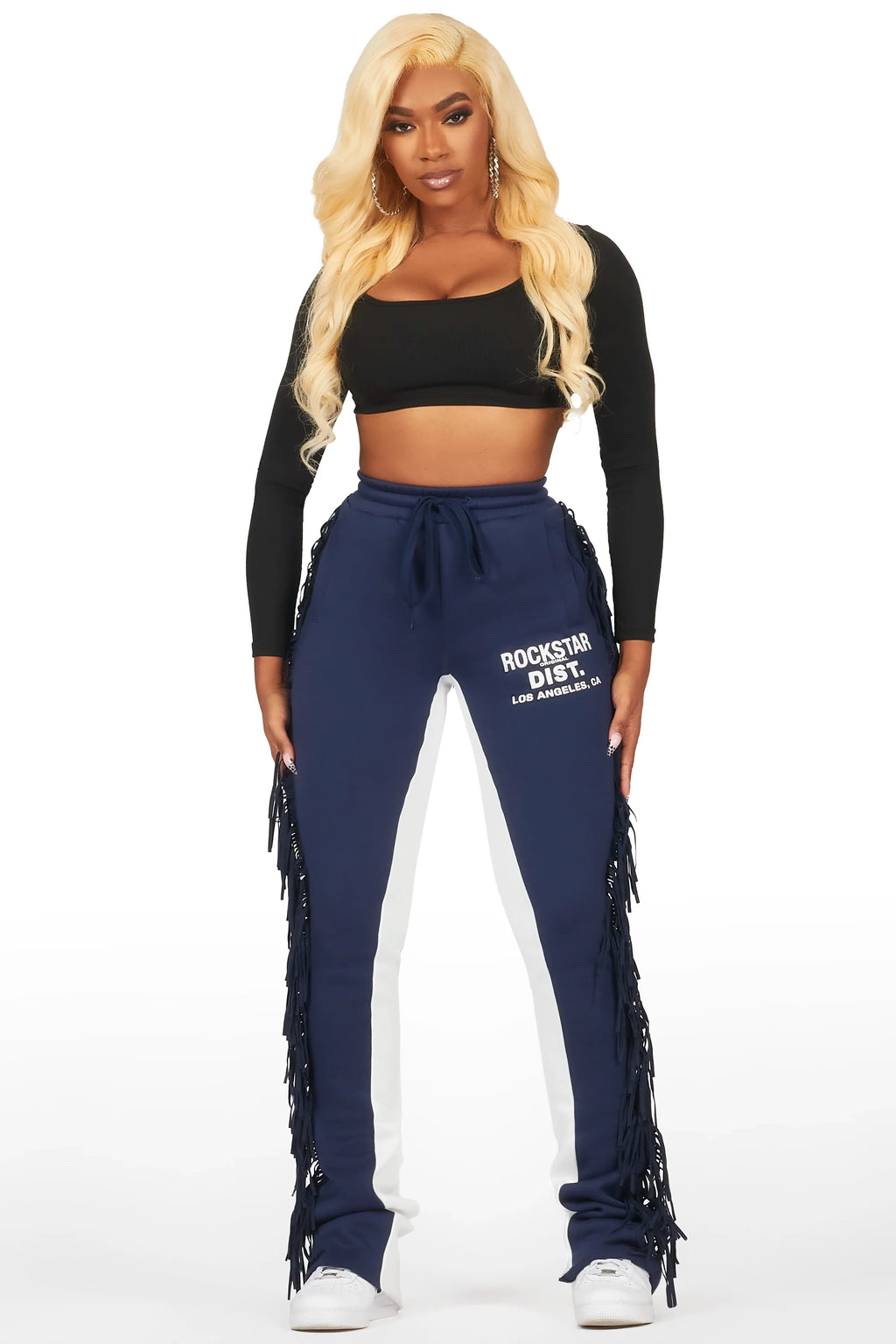 Kendra Navy Fringe Stacked Flare Track Pant