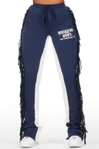 Kendra Navy Fringe Stacked Flare Track Pant