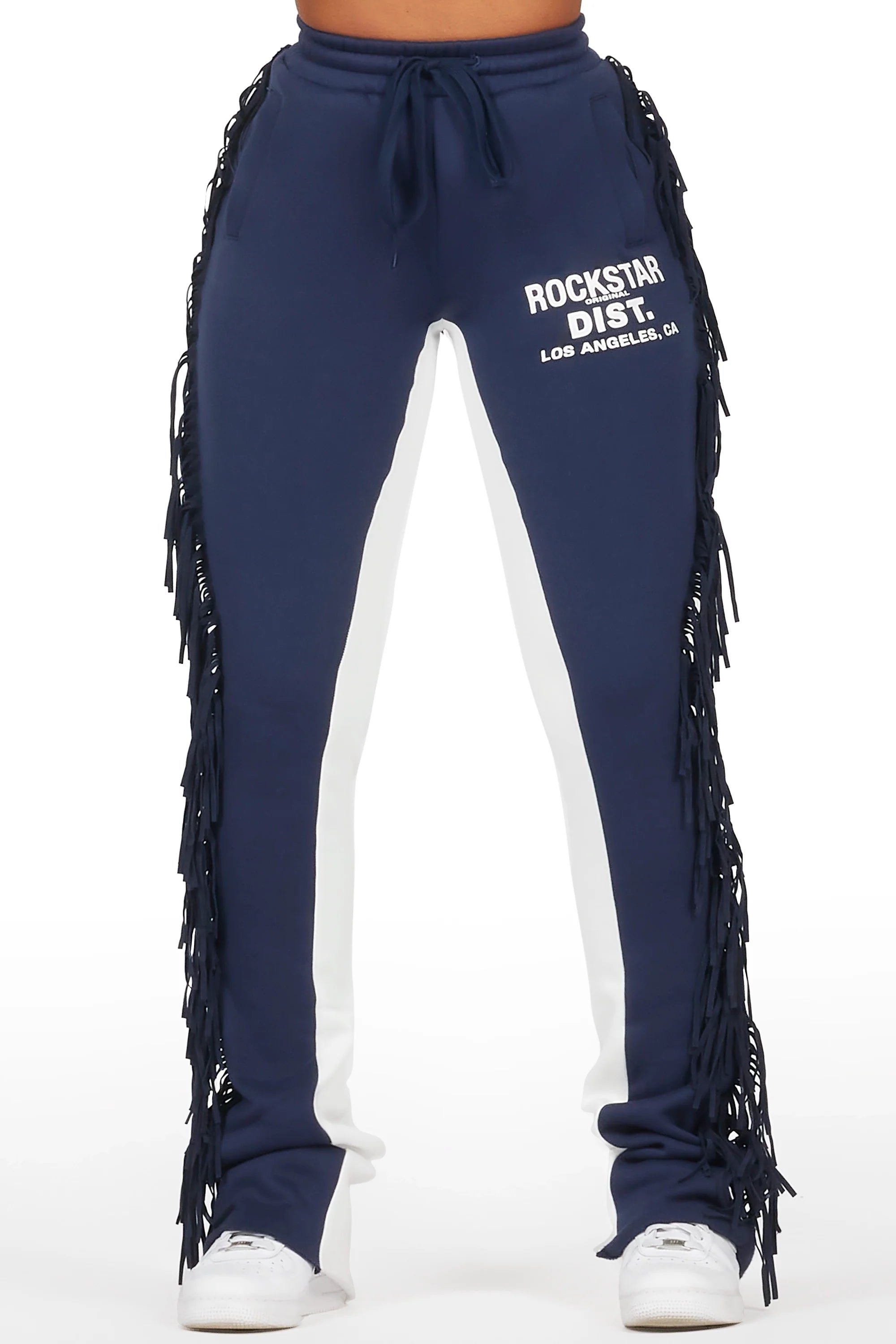 Kendra Navy Fringe Stacked Flare Track Pant